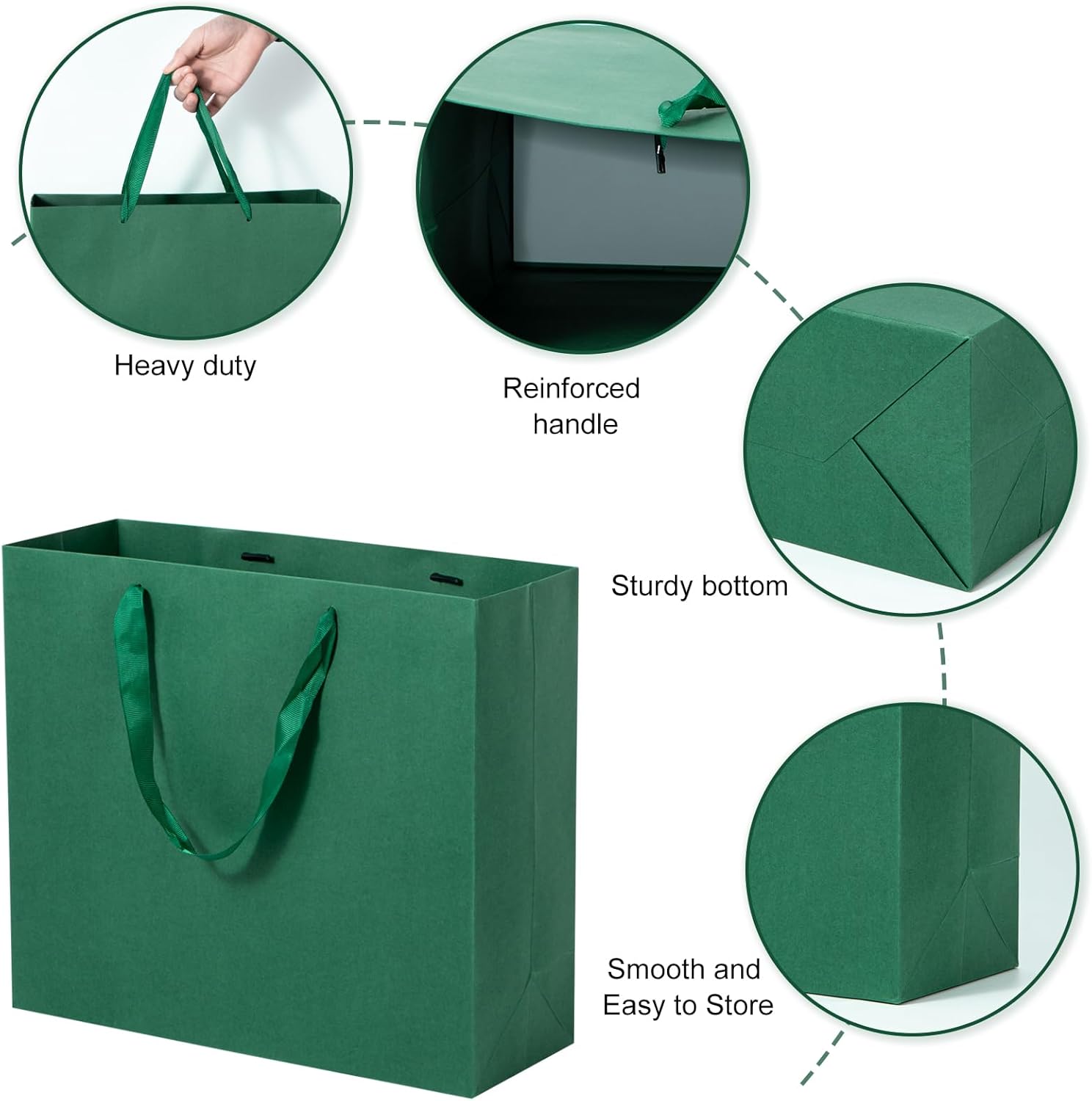 Dasofine 20 Pcs Dark Green Gift Bags, Large Gift Bags 12.5" x 4.5" x 11", Thick Kraft Paper Favor Bags, Gift Bags with Handles for Party, Wedding, Baby Shower
