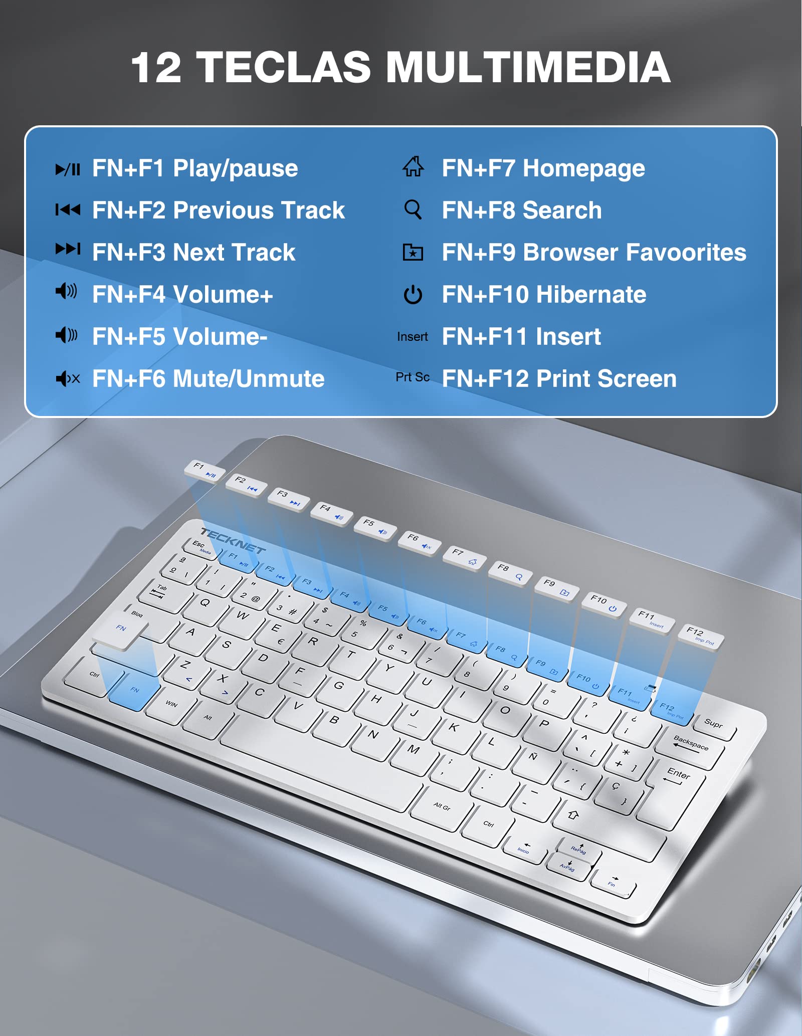 Mini Teclado y Raton Inalámbrico Ultra Delgado, TECKNET 2.4G Ergonómico Teclado, Toque Silencioso, Distancia de Rrabajo de 15 M, Portátil Teclado y Mouse per PC/Smart TV/Ordenador (Español,con la Ñ)
