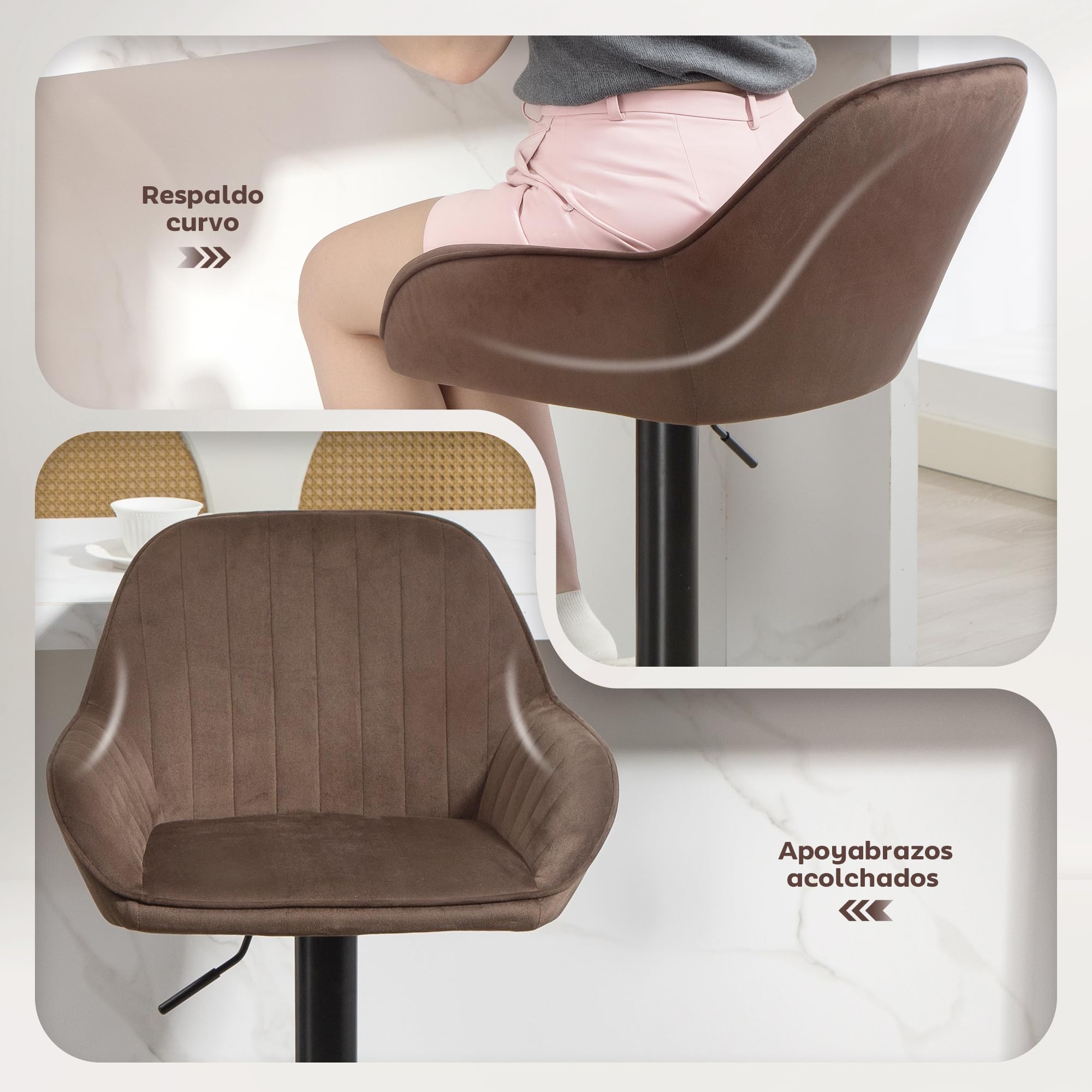 HOMCOM Juego de 2 Taburetes de Bar Giratorios Respaldo Marrón | Taburetes Altos de Cocina, Altura Ajustable 62-83 cm, Sillas Altas de Cocina, Tapizada en Terciopelo, Reposapiés