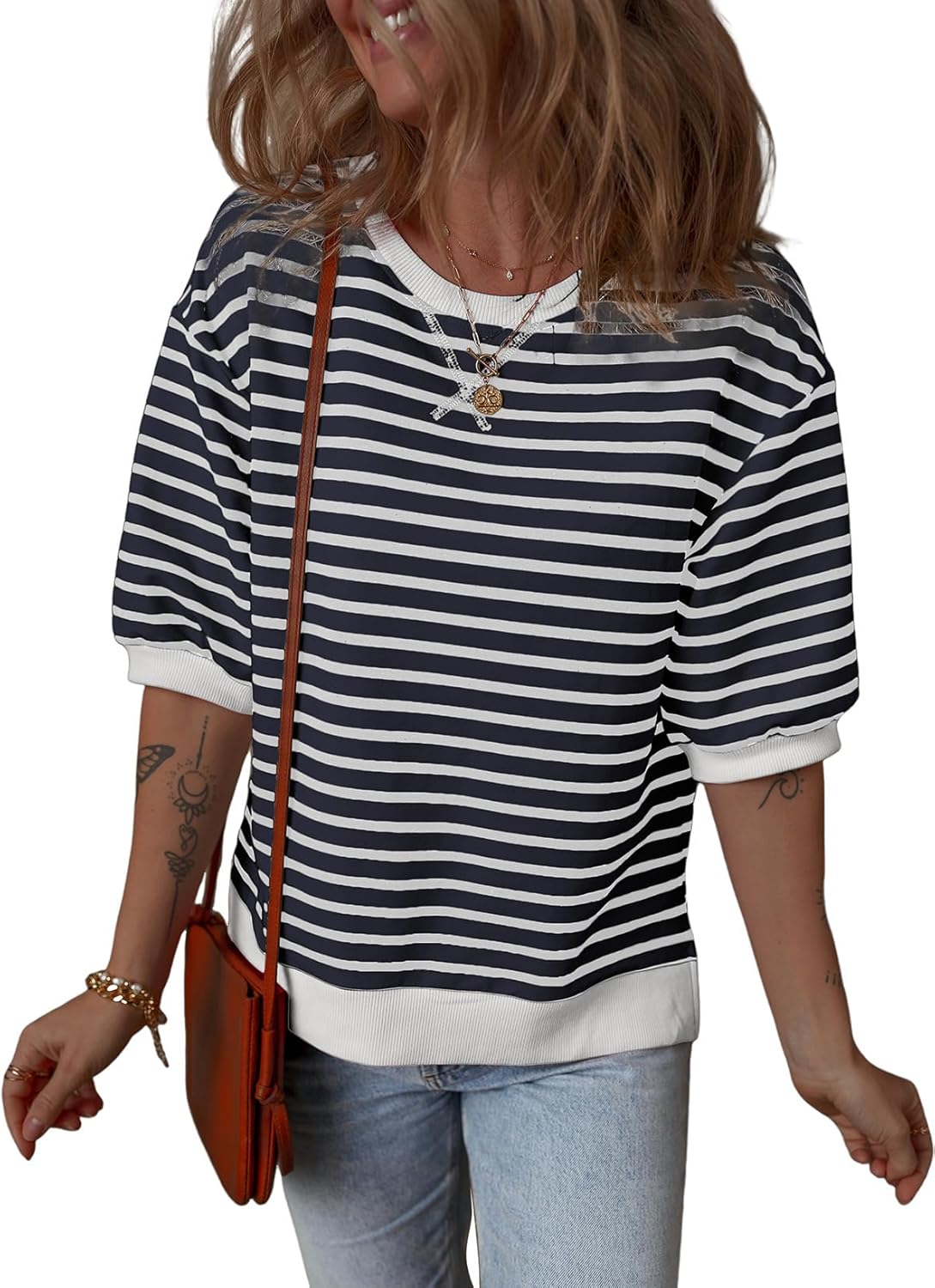 Dokotoo Sweatshirt for Women Fashion Summer Tops Striped Casual Color Block T Shirt Casual Pullover