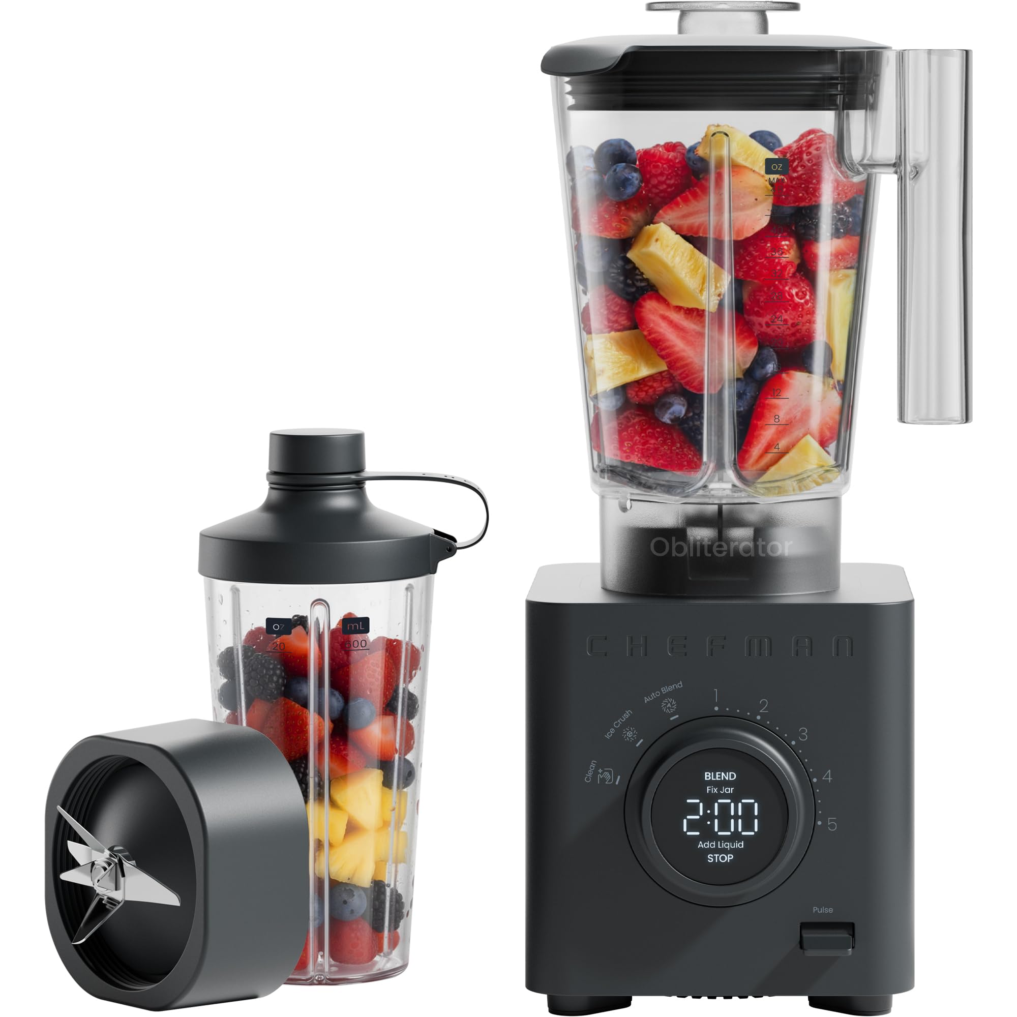 chefman obliterator 48 oz countertop blender for smoothies, 1380w motor to crush ice, nuts, and frozen fruit with stainless steel blade, auto blend function, includes 20 oz travel jar