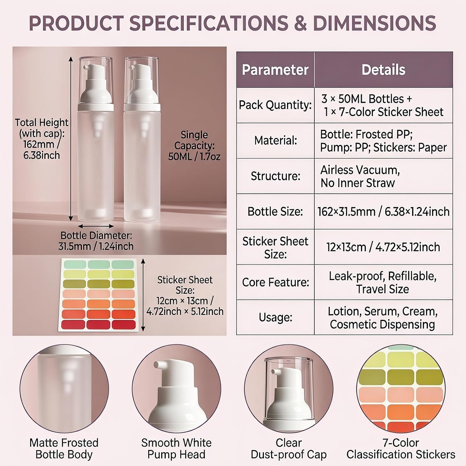 3 Pcs 50ml Clear Plastic Airless Lotion Pump Bottles & Stickers image 2