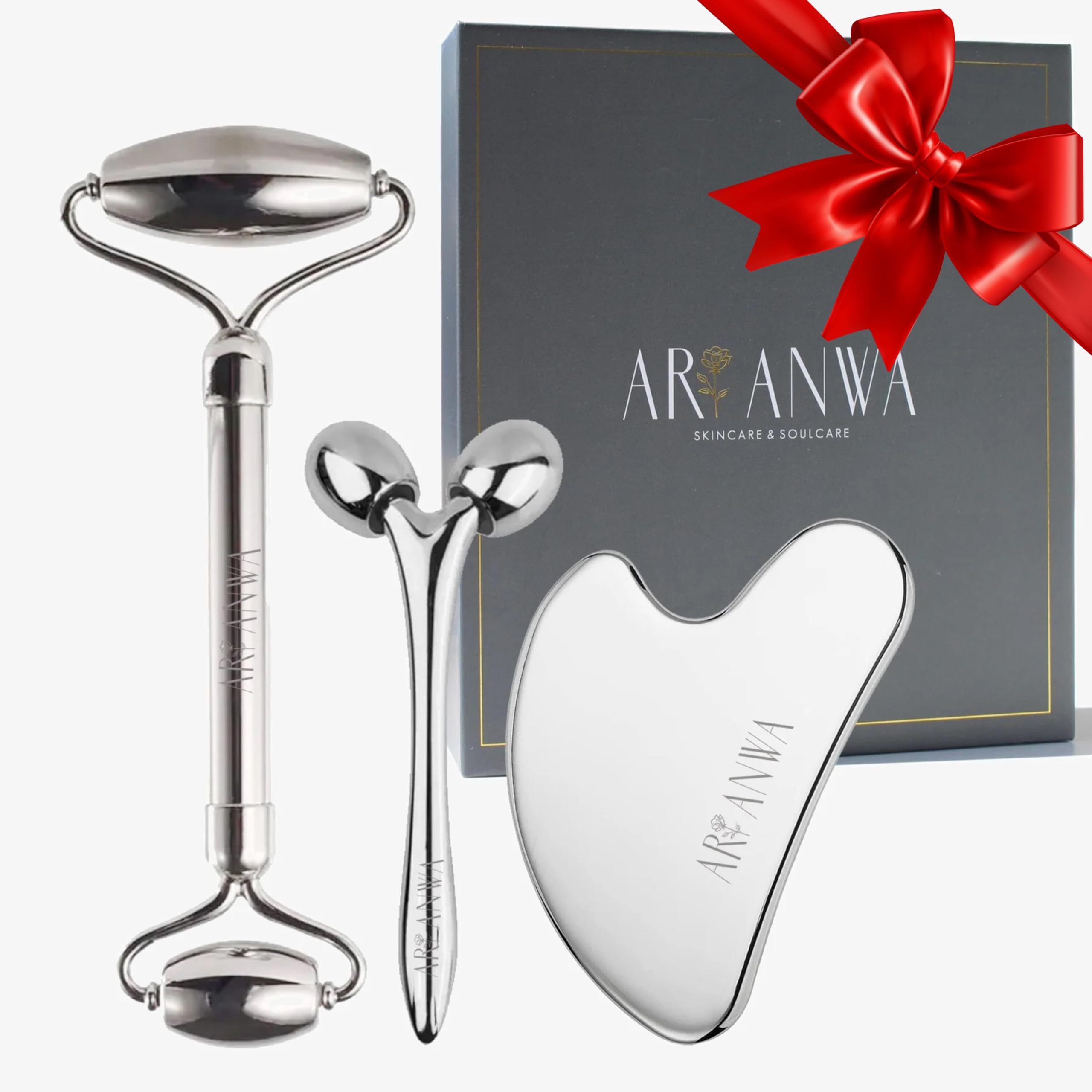 ARI ANWA Premium Kollektion - Gua Sha Edelstahl & Gesichtsroller Set + 3D Gesichtsmassager für straffe Haut & definierte Konturen