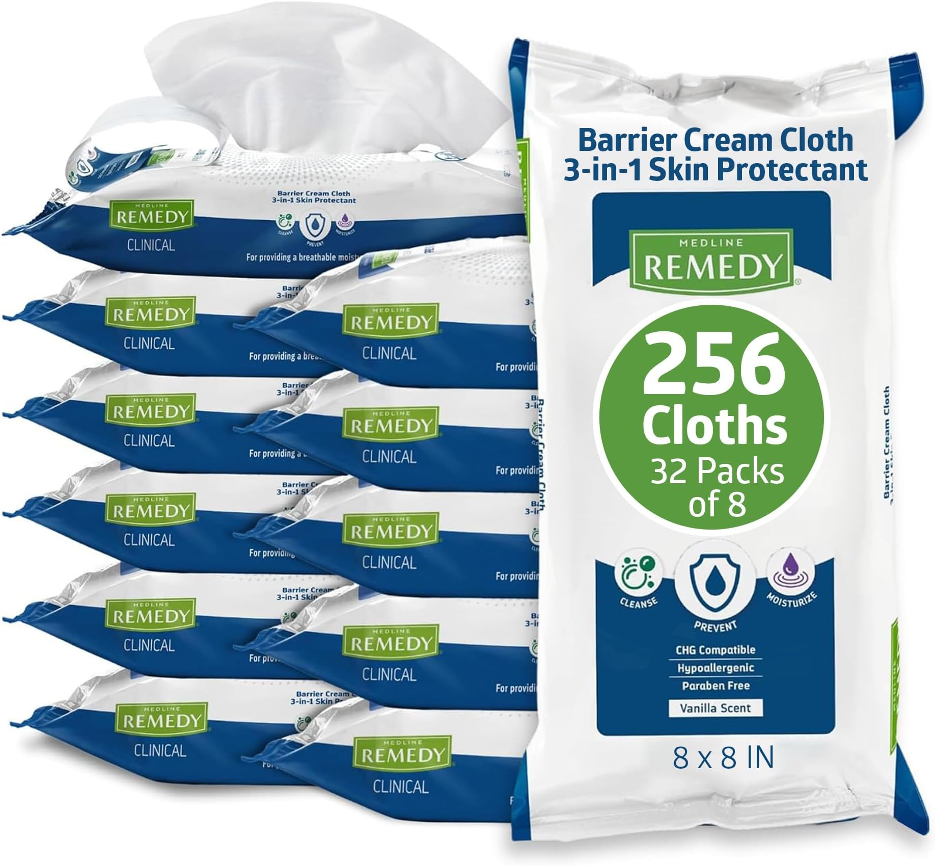 Clinical 3-in-1 Barrier Cream Cloth, 8 count (32 Packs), 8 x 8 in Adult Wet Wipes, Vanilla Scent, Incontinent Care, Dimethicone, Irritated Skin, Soothing, Nourishing, Gentle