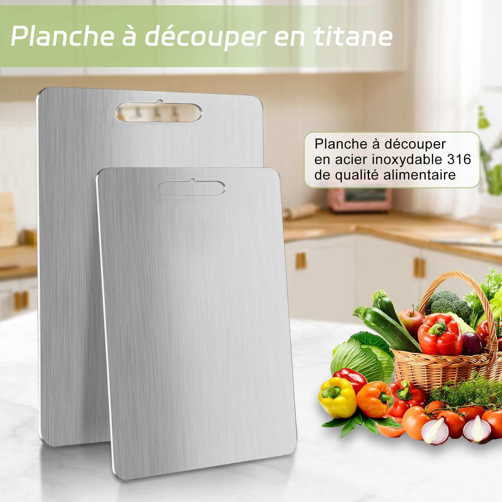 Pavlleen Planche à Découper En Titane,Yamato Titanium,Planche A Decouper Inox Pour La Cuisine,Pour La Viande,Fromage,le Pain,les Légumes,les Fruits (34 X 23 Cm