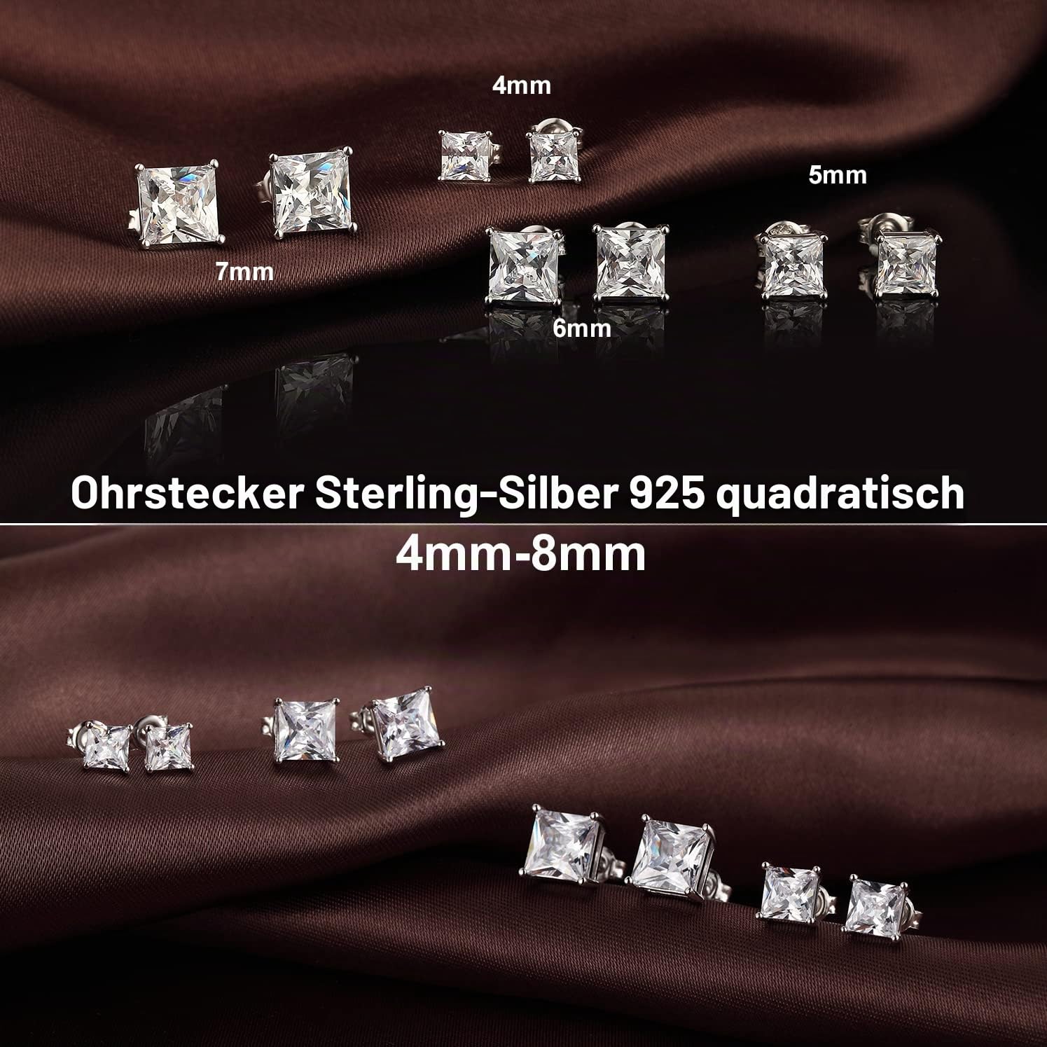 Ohrringe 18K Weißgold plattiert 925 Sterling Silber Rundschliff und Prinzessinnenschliff Zirkonia Ohrstecker I Swaro-vski Zirkonia Ohrringe Größe 3mm-8mm Feines Schmuck für Damen Herren