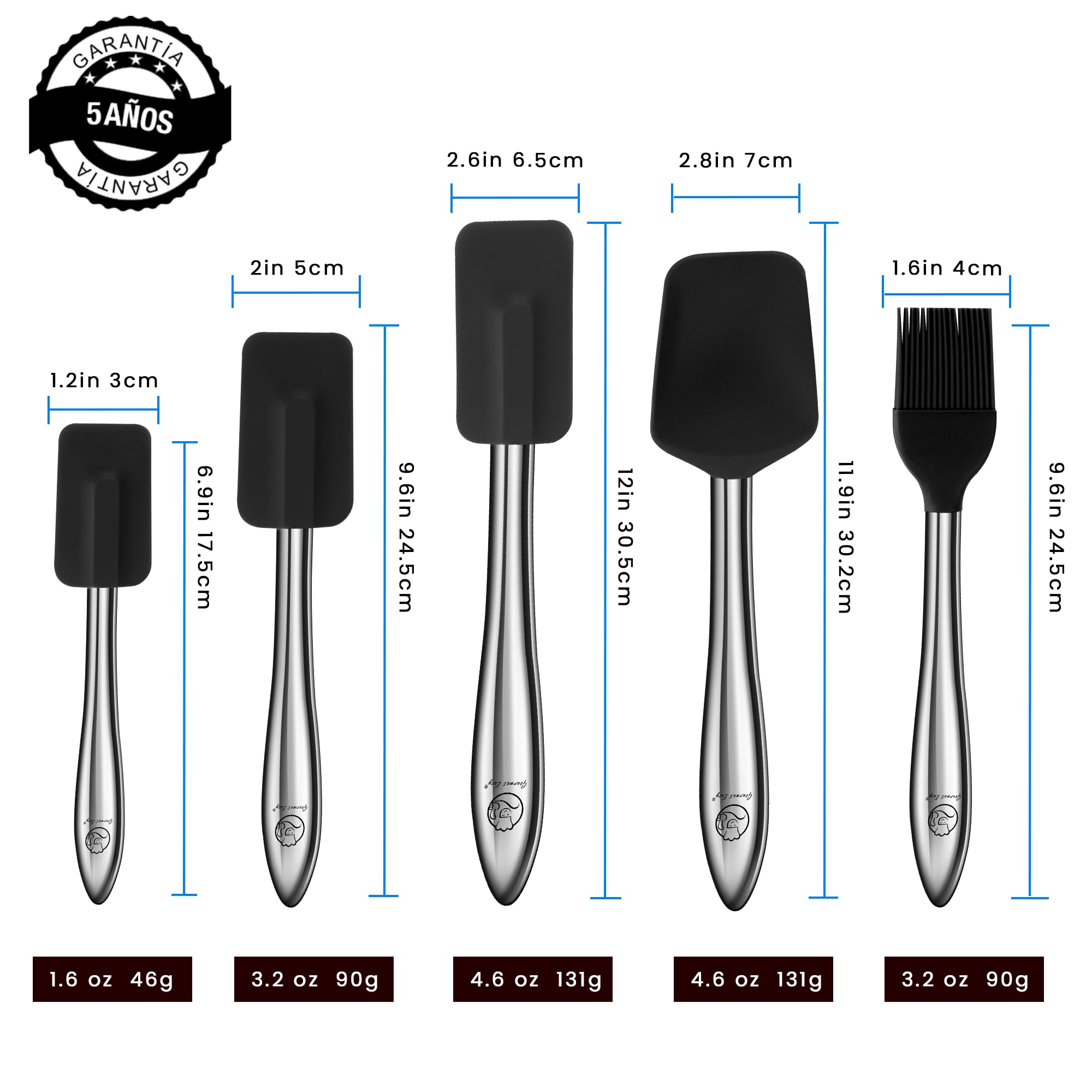 Gourmet Easy Juego de 5 Espátulas Silicona Inox, Resistente Calor (Black) | Espátula, cuchara de silicona y pincel de cocina, ideal para utensilios antiadherentes.