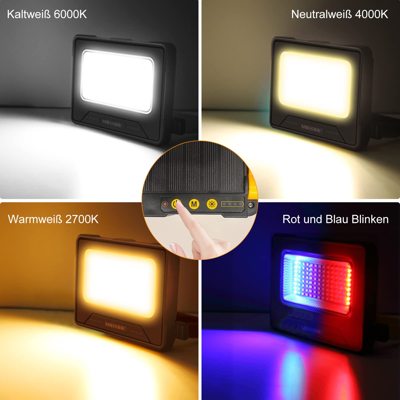 MEIKEE Reflektor budowlany LED 80W, lampa robocza LED 12000mAh, reflektor akumulatorowy, 4 tryby świecenia, lampa kempingowa, przenośna, 5 poziomów jasności, ładowanie solarne i USB, lampa
