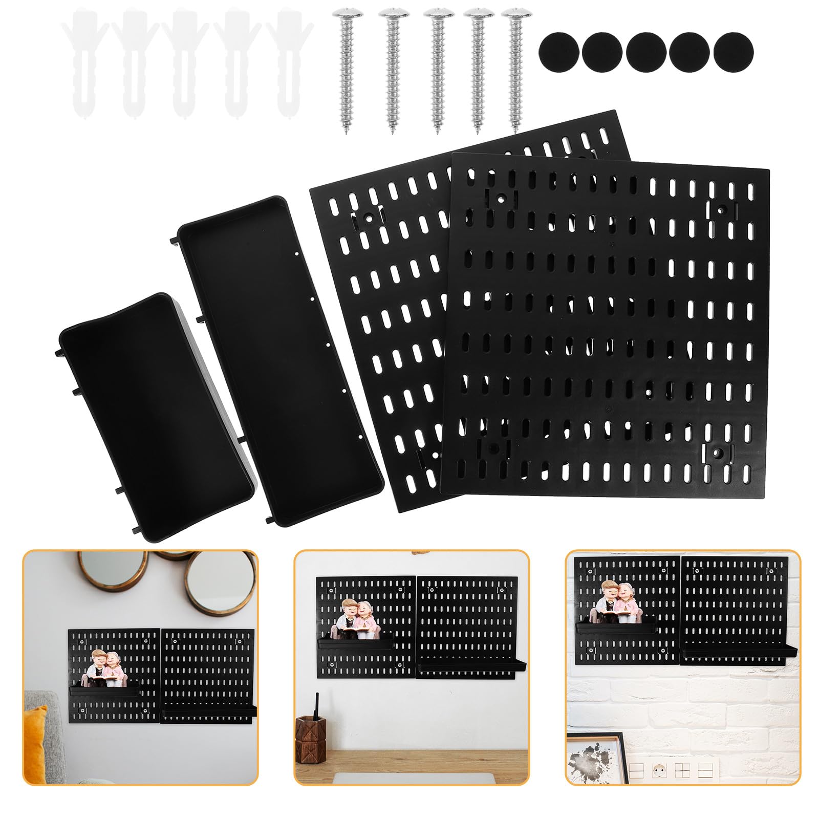 Panneau perforé mural noir avec étagères et crochets de rangement pour cuisine moderne