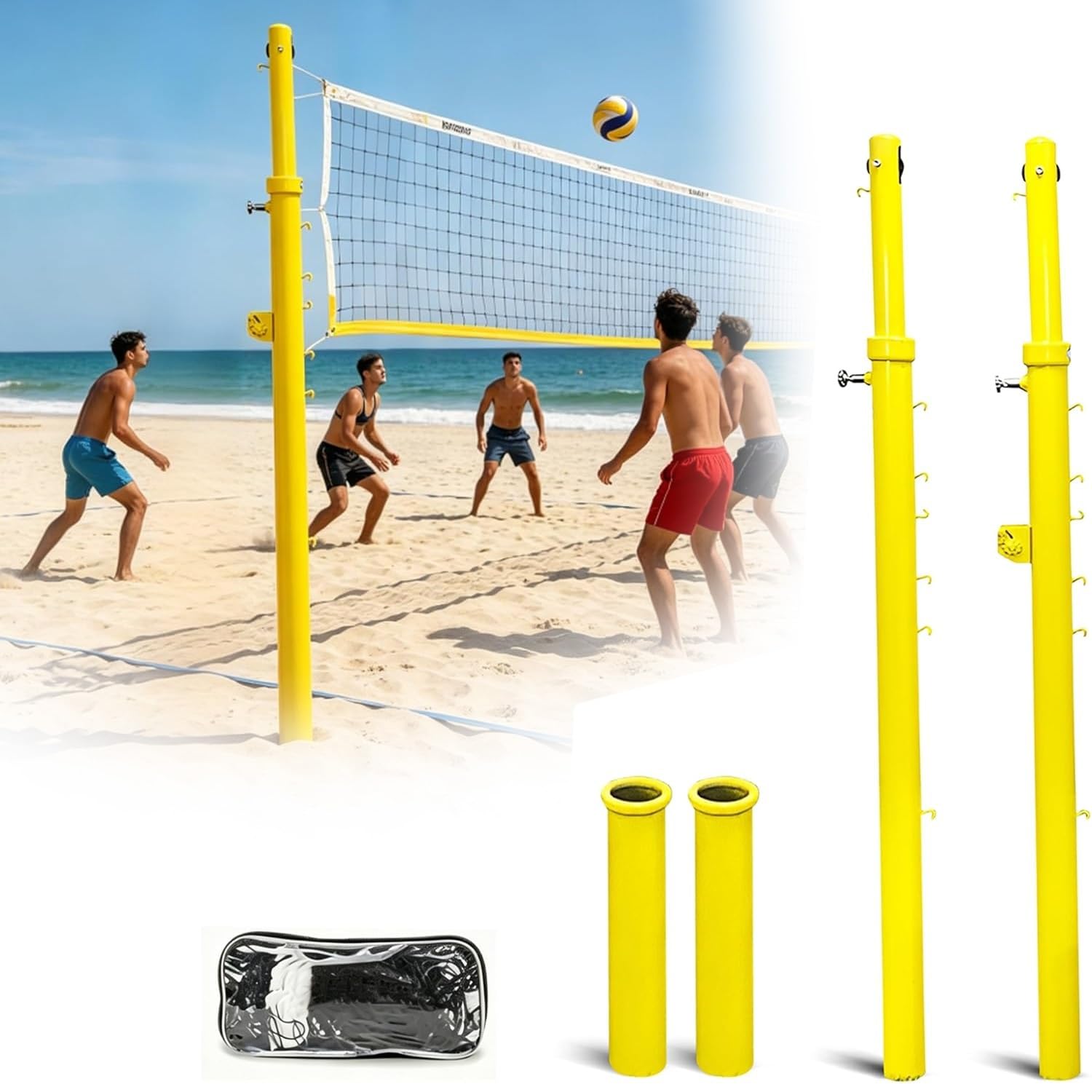 Poteaux De Filet De Volley-Ball, Poteaux De Beach-Volley Portables | Avec Fourreaux De Sol, Idéal Pour Les Gymnases Scolaires, Les Pelouses, Les Plages De Sa-ble Et Les Sols En Béton