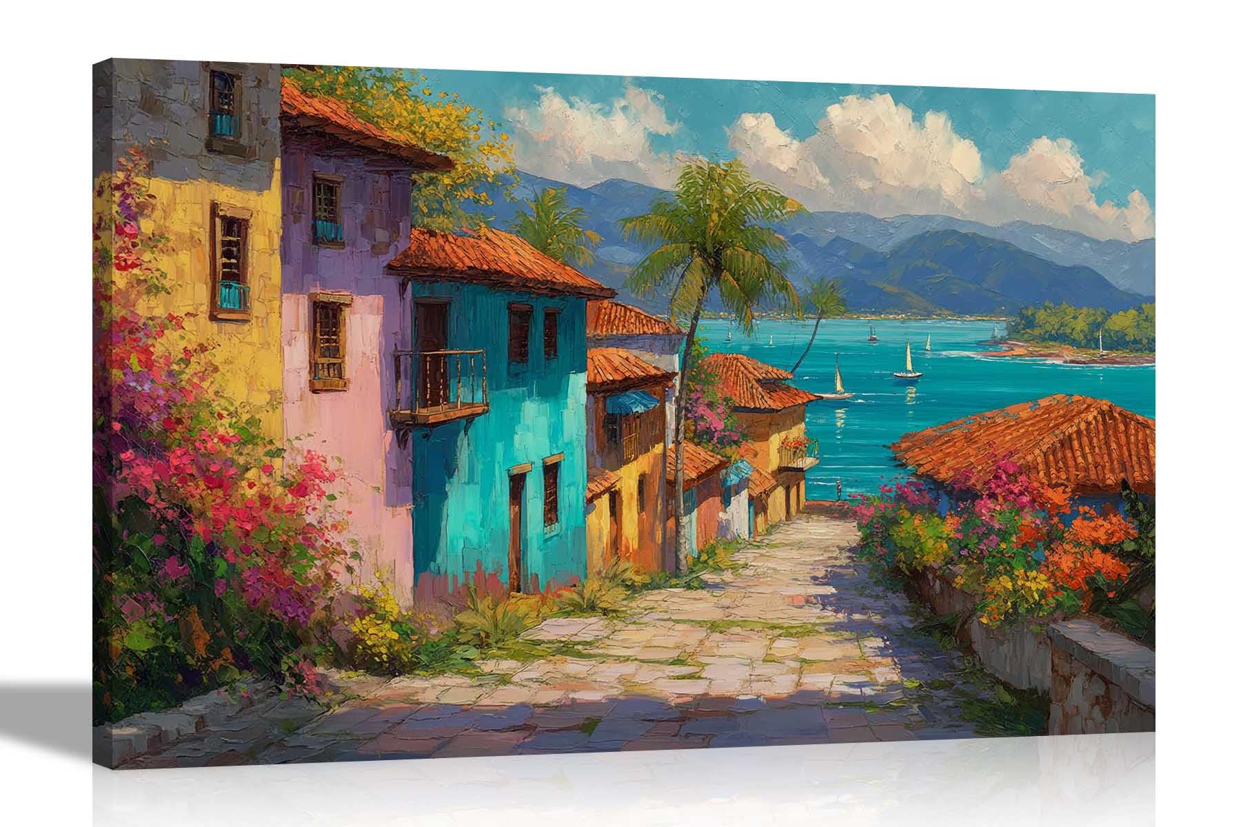 Artley Prints Caribbean Paradise - Colourful Rustic Buildings Canvas Wall Art Pictures Home Conservatory Nature Prints 60 X 40Cm (24 X 16 Inches) A2