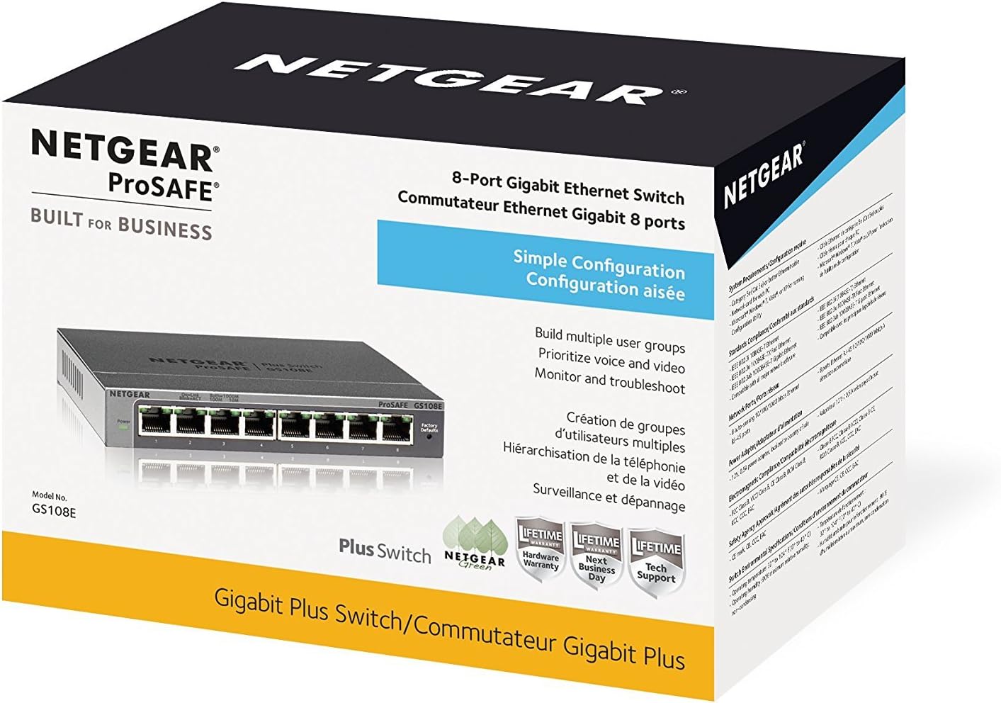 NETGEAR 8-Port Gigabit Smart Managed Plus Switch, ProSAFE Lifetime Protection (GS108Ev3) (Renewed)