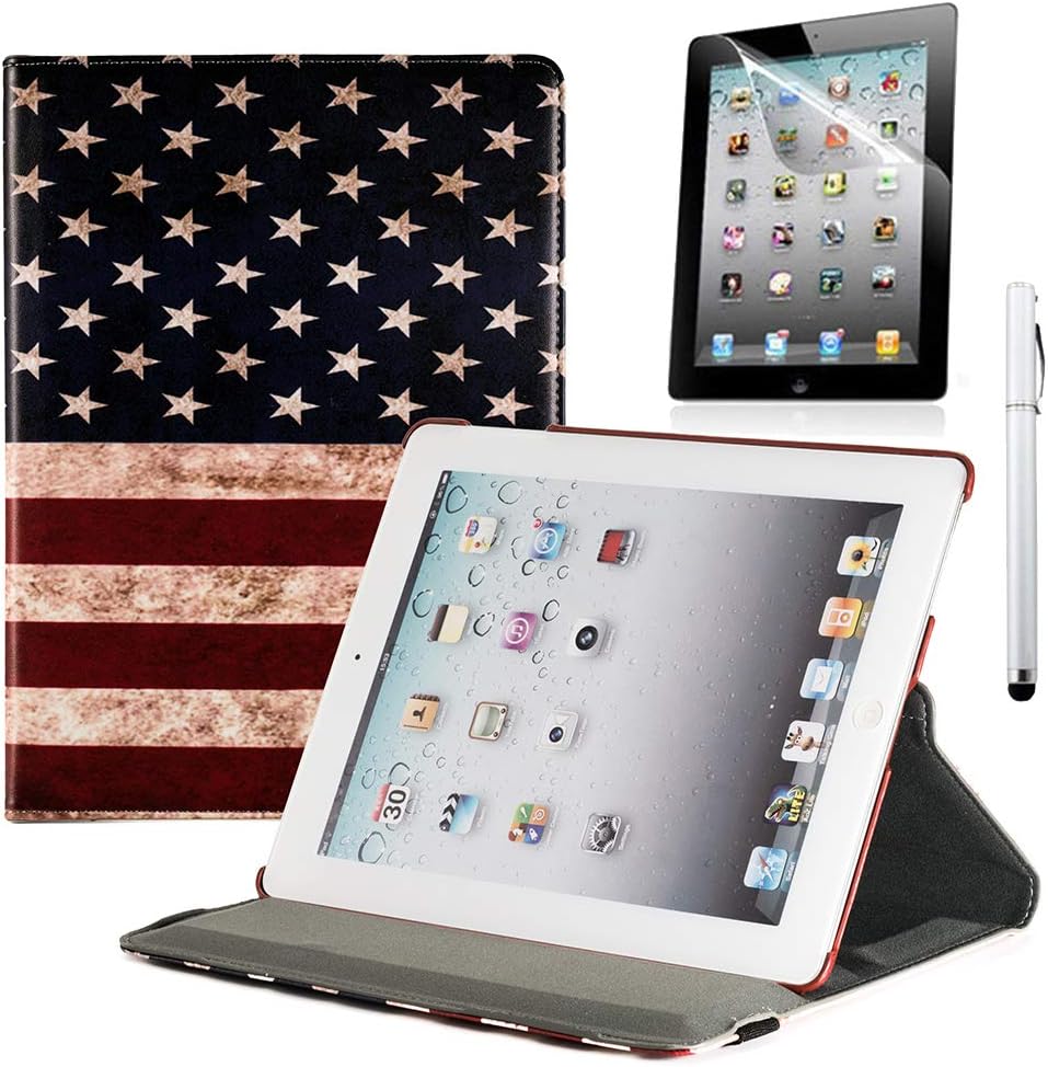 RUBAN Case Compatible with iPad 2 3 4 (Old Model) 9.7 inch Tablet - Multiple Angles Stand Smart Protective Cover (Automatic Wake/Sleep Feature) with Screen Protector - American Flag