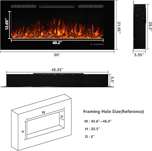 Miniatura 6 de Chimenea eléctrica de 50 pulgadas para empotrar y colocar en la pared, insertos de chimenea multicolor con 5 atenuadores, termostato con control