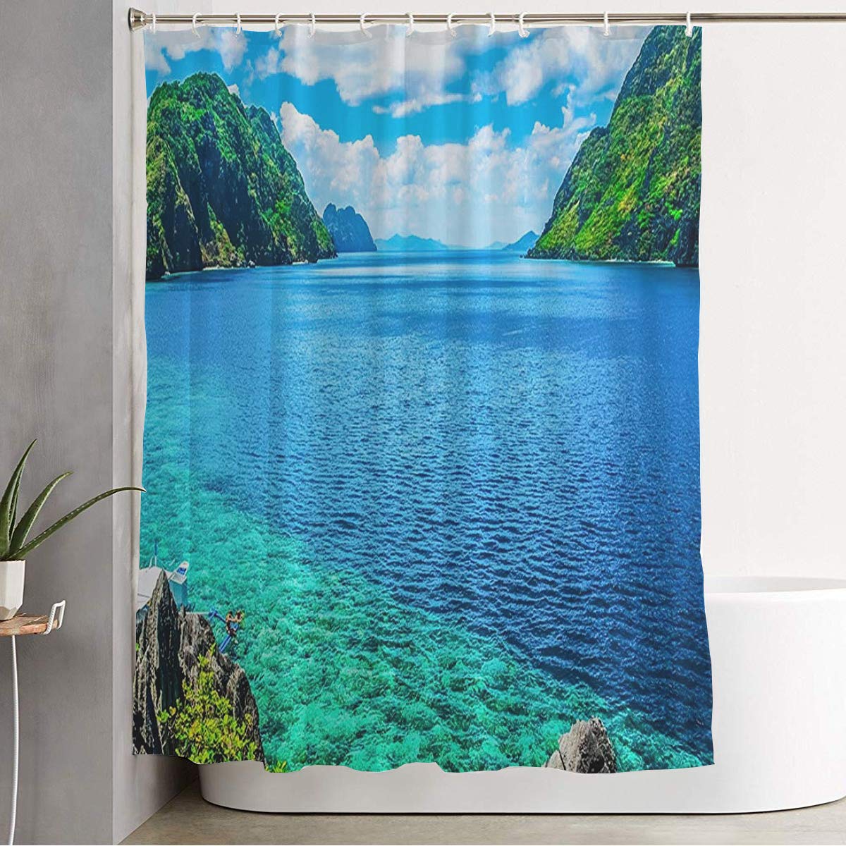 Shower Curtain Scenic View Natural Bay Seascape Mountain Islands Nature Philippines Parks Cliff Paradise Outdoor Home Bathroom Decor Polyester Fabric Waterproof 72 x 78 Inch Set with Hooks