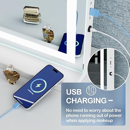 Miniatura 2 de Gvnkvn Espejo de tocador de maquillaje con luces LED de 32 x 24 pulgadas, espejo de maquillaje grande con aumento de 10 veces y puerto de carga USB,