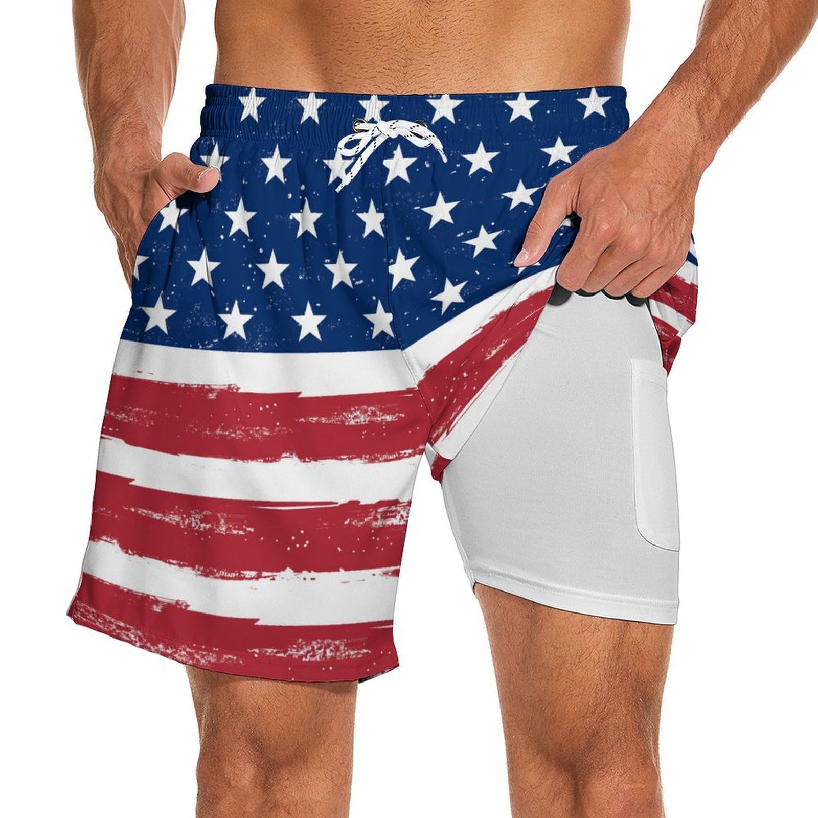 PartrestAmerican Flag Men's Swim Trunks with Compression Liner USA Flag Swimming Trunks Board Shorts with Pocket Swim Shorts