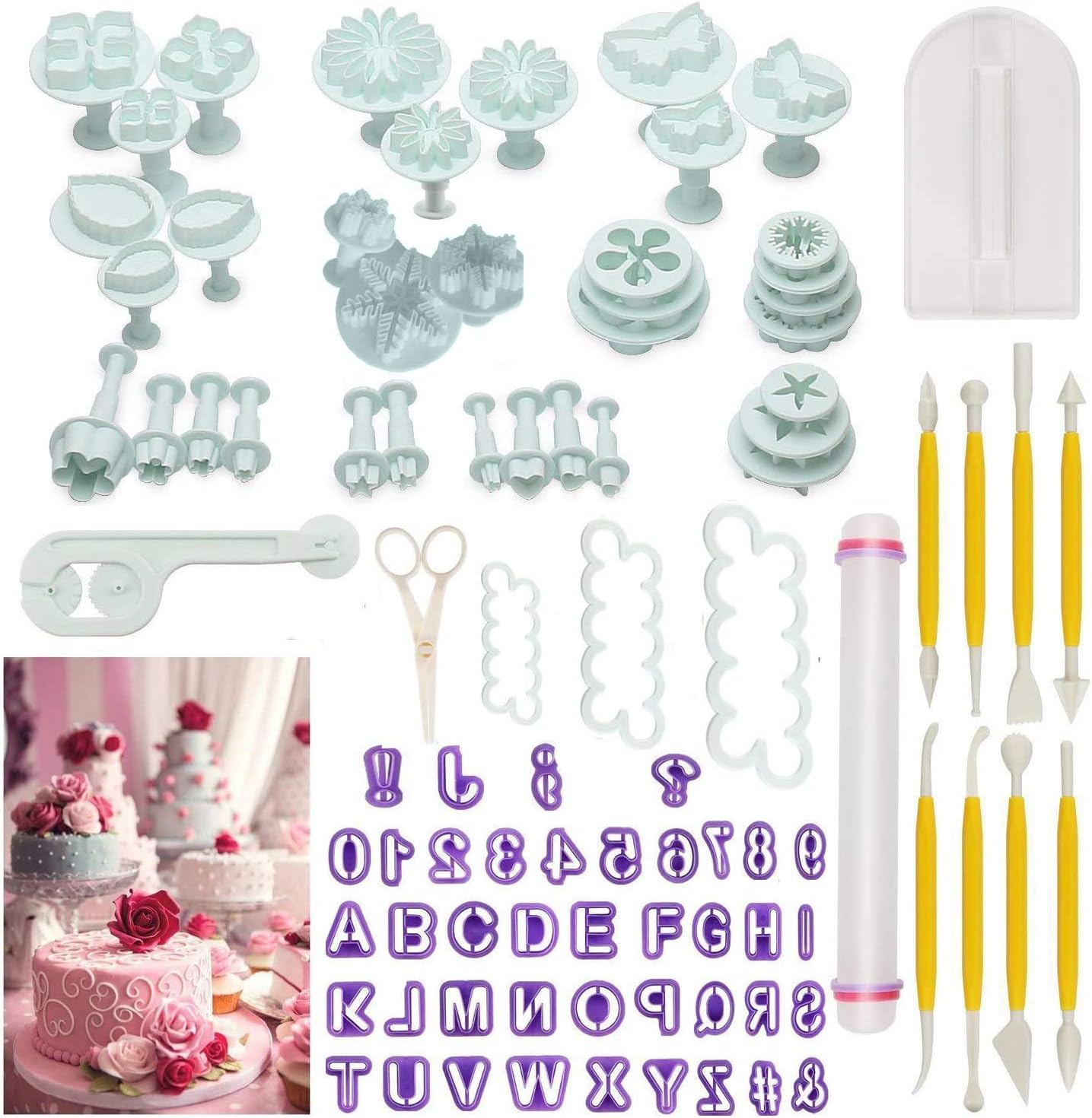 Cake Tools,90pcs Fondant Cake Mould Sugarcraft Alphabet Letters Cutters Cake Decorating Tools Cutters Icing Modelling Tool Kit Rolling Pin, Smoother, Embosser Mould Tools,Scissors,Rose Cookie Cutter