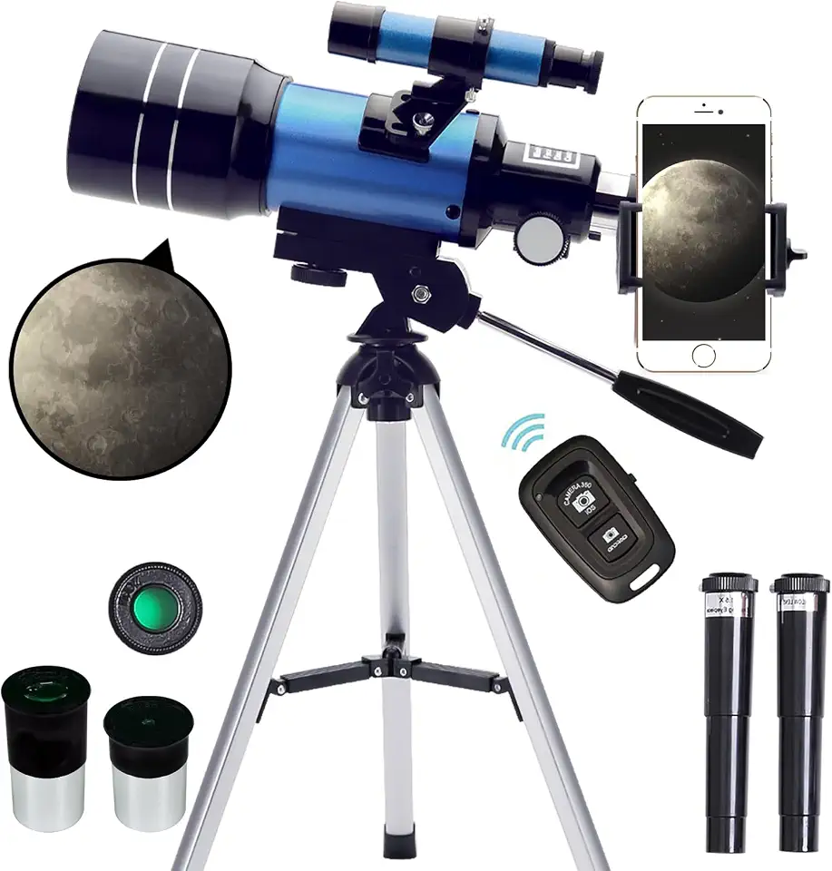 ToyerBee Telescópio, telescópios de 70 mm para adultos, astronomia, crianças e iniciantes, telescópio portátil de viagem de 300 mm (15X-150X) com um adaptador de smartphone e um controle remoto sem