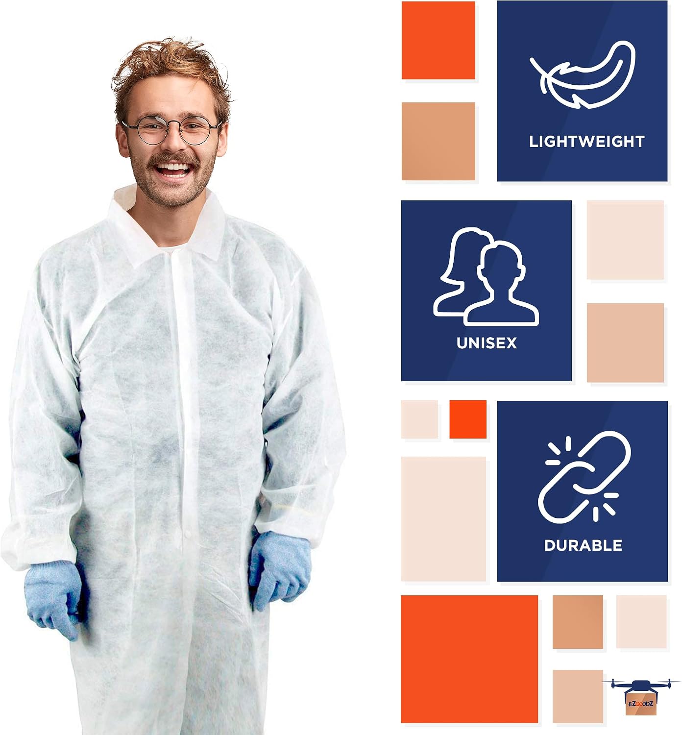 EZGOODZ White Disposable Lab Coat 2X-Large, Pack of 10 Disposable Lab Coats for Adults, Breathable PP 35 GSM Painting Lab Coat Disposable with Elastic Wrists, Loop Fasteners, Unisex PPE Coat No Pocket