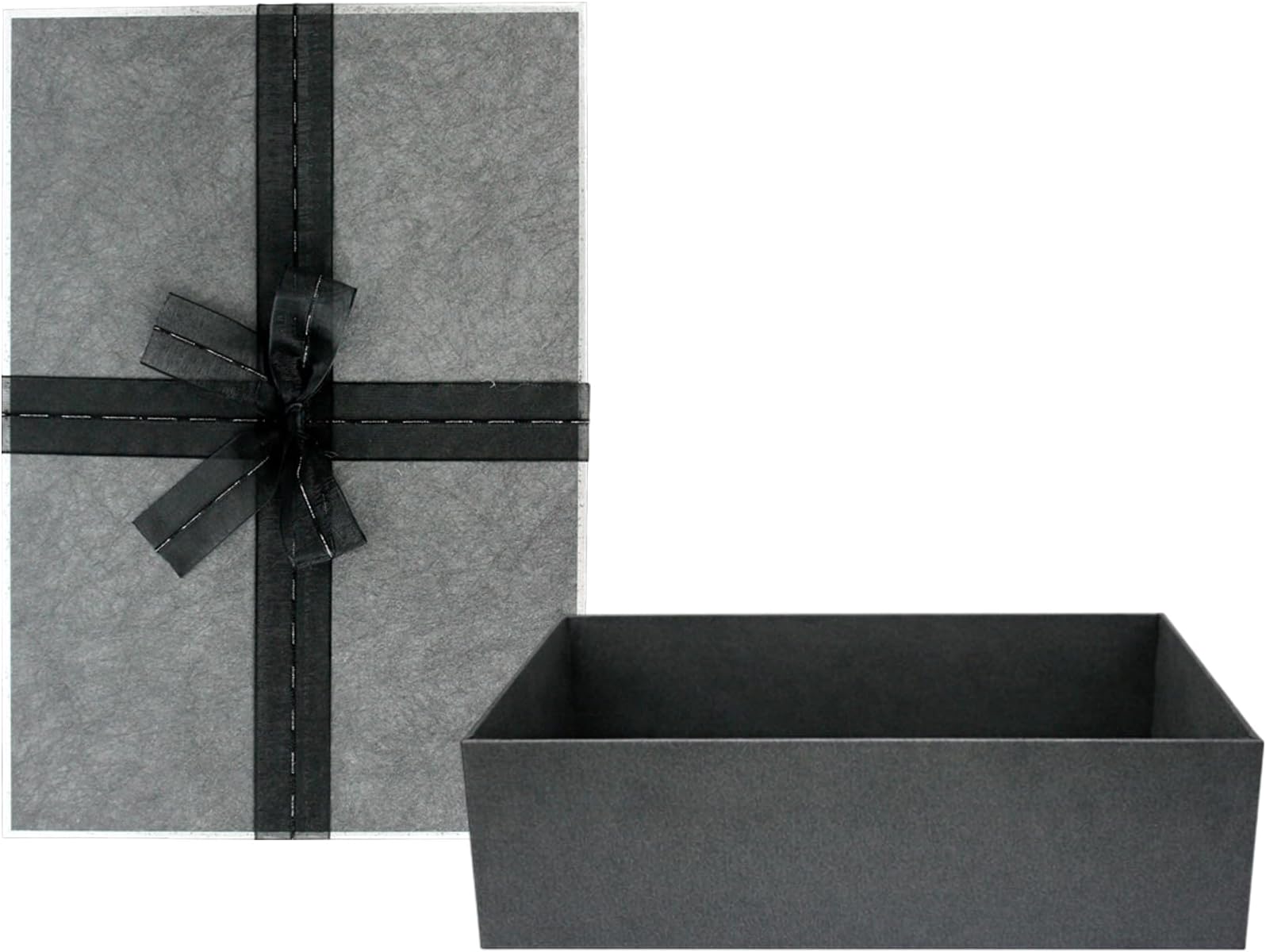 Emartbuy Rigid Gift Box, 33.5 x 25 x 11.5 cm, Dark Grey Box with Dark Grey Lid, Brown Interior and Black Fabric Decorative Ribbon