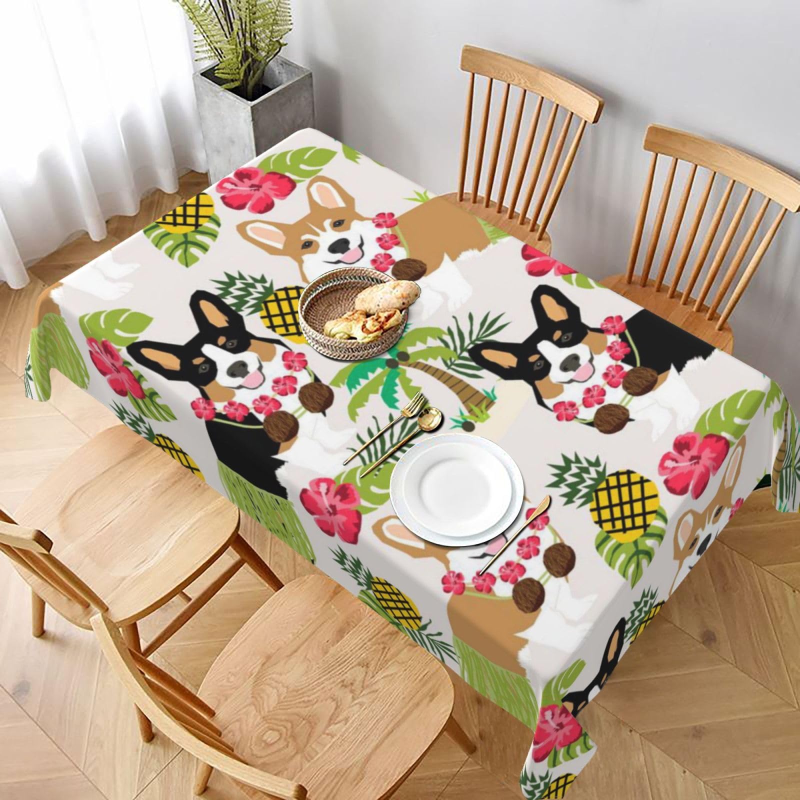 BNVSADC Corgi Hawaiian Tropical Summer Pineapple Printed Rectangle Tablecloth 228x152 CM, Water Resistant Polyester Table Cloth Decorative Fabric Table Covers for Kitchen Dining Table Parties Camping