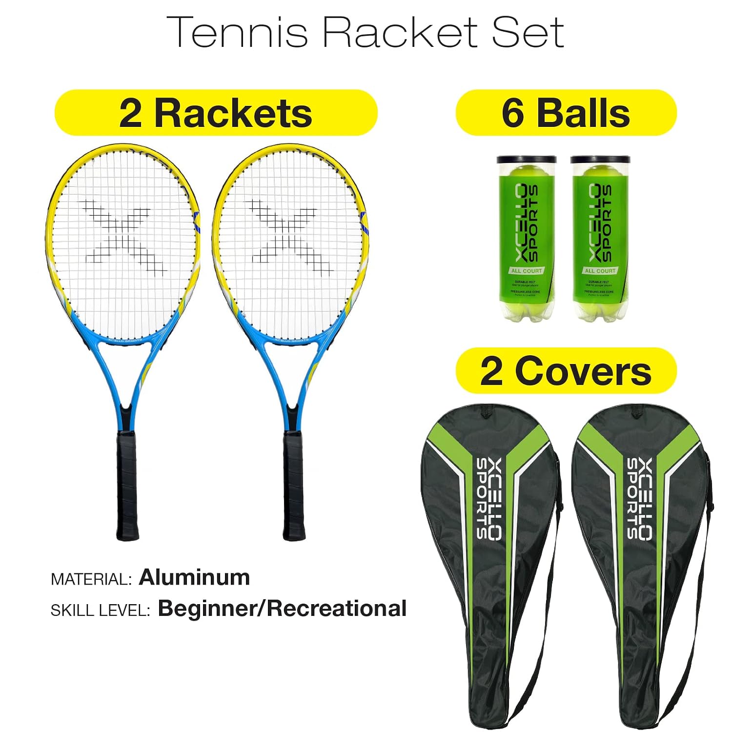 Xcello Sports 23" Aluminum Racket Set (Blue/Yellow) with 2 Tubes of Tennis Balls and 2 Covers