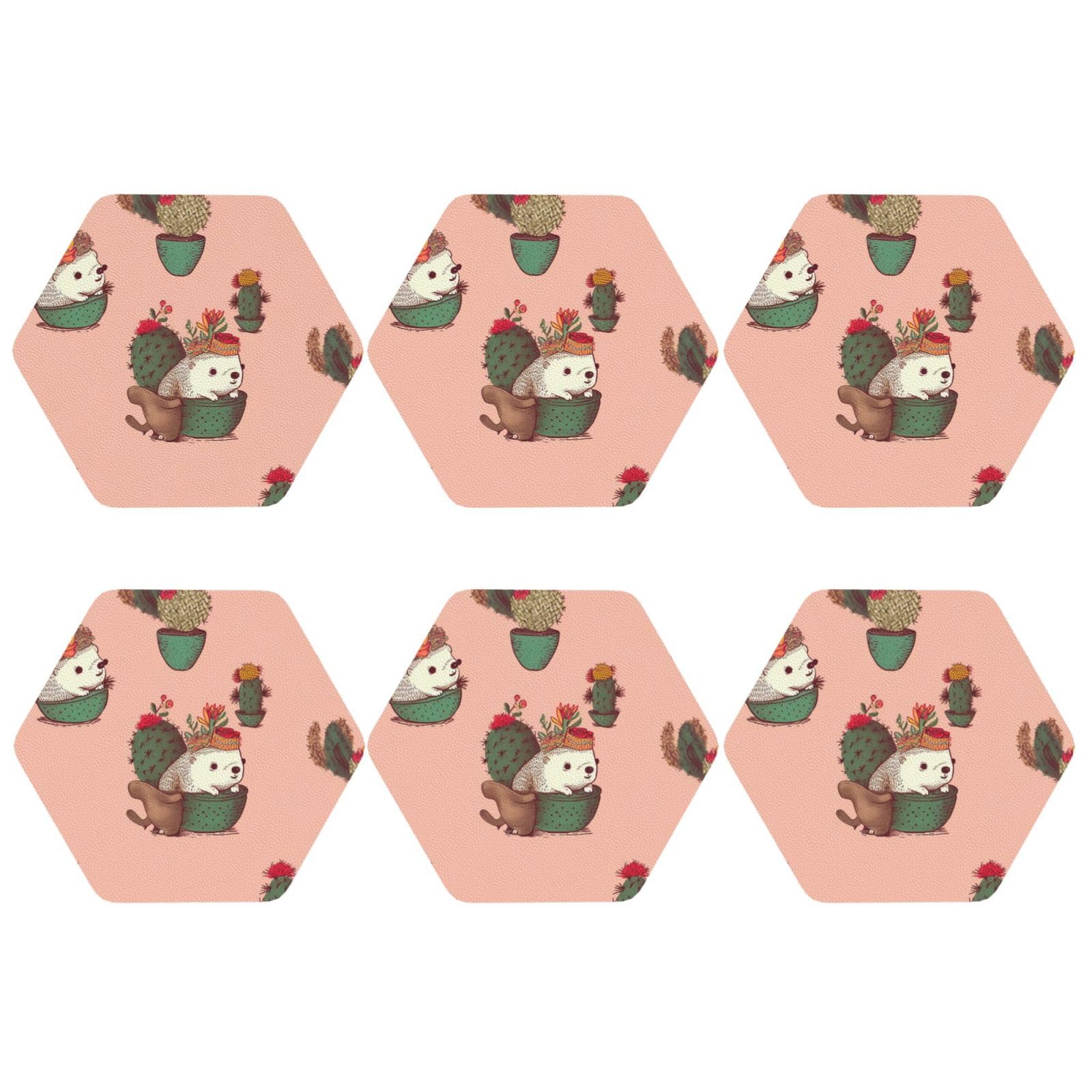 6pcs Leather Coasters for Drinks, Hedgehog and Cactus Drink Coasters for Tabletop Protection, 4" Cup Coasters for Coffee Table Decor, Non-Slip Drinking Cup Mat for Hot Or Cold Drink