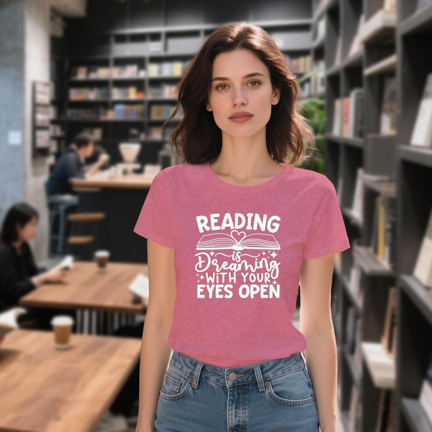 Womens Reading Shirt Reading is Dreaming with Your Eyes Open T-Shirt Bookworm Librarian Tee Top - Image 3