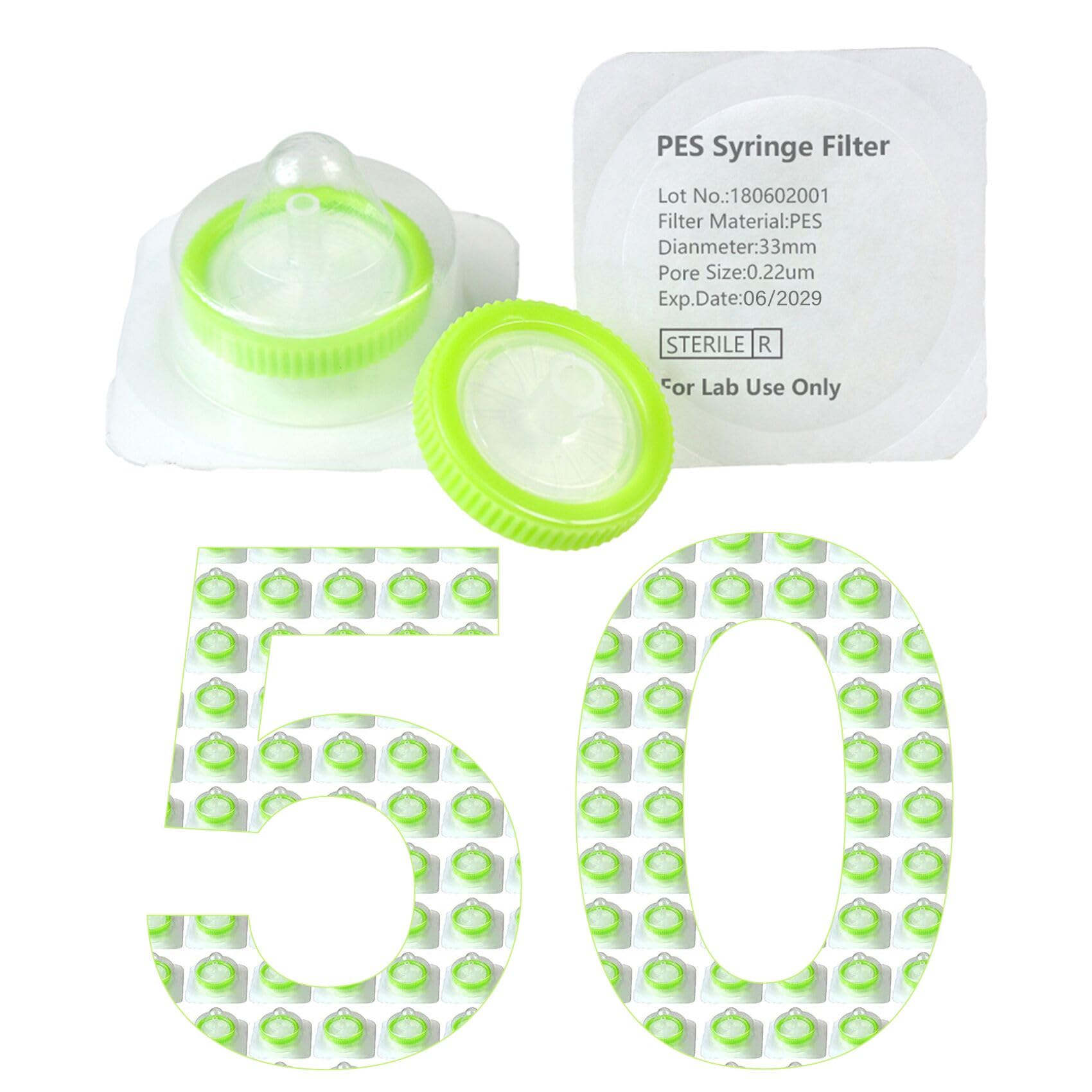 50 Pack 33mm Sterile PES Syringe Filter 0.22um, Individually Packed