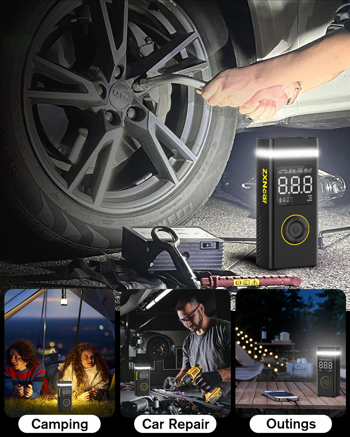 Compressore d'aria portatile, 180 psi, 20000 mAh, per auto, senza fili, con manometro, gonfiaggio rapido 4 volte con doppia luce, per auto, biciclette, moto, palle