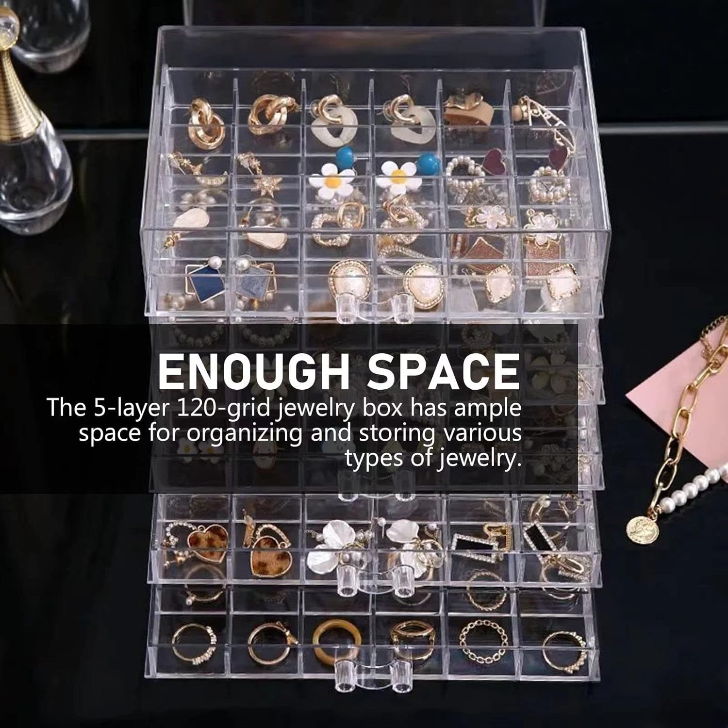 Acrylic Jewelry Storage Box W/ 5 Drawers, 5-Layer 120 Grid Clear Plastic Jewelry Organizer for Women & Girls, Transparent Display Stand for Earring, Necklace, Ring & Bracelets