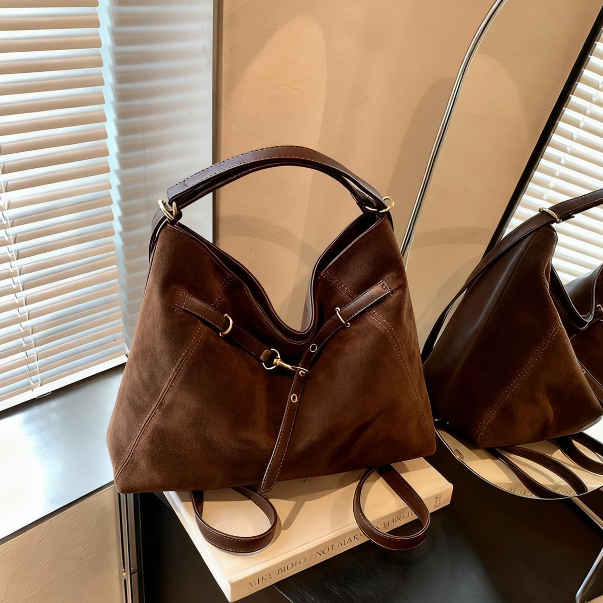 3-Way Suede Bag for Women, Convertible Tote Hobo Backpack & Crossbody Shoulder Bag, Black coffee Slouchy Purse