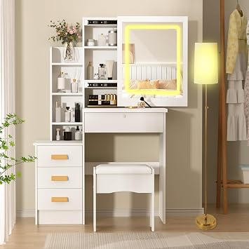 White Vanity Desk with Mirror and Lights, Makeup Vanity with Lights 4 Drawers, Vanity Table with Sliding Tracks from USA