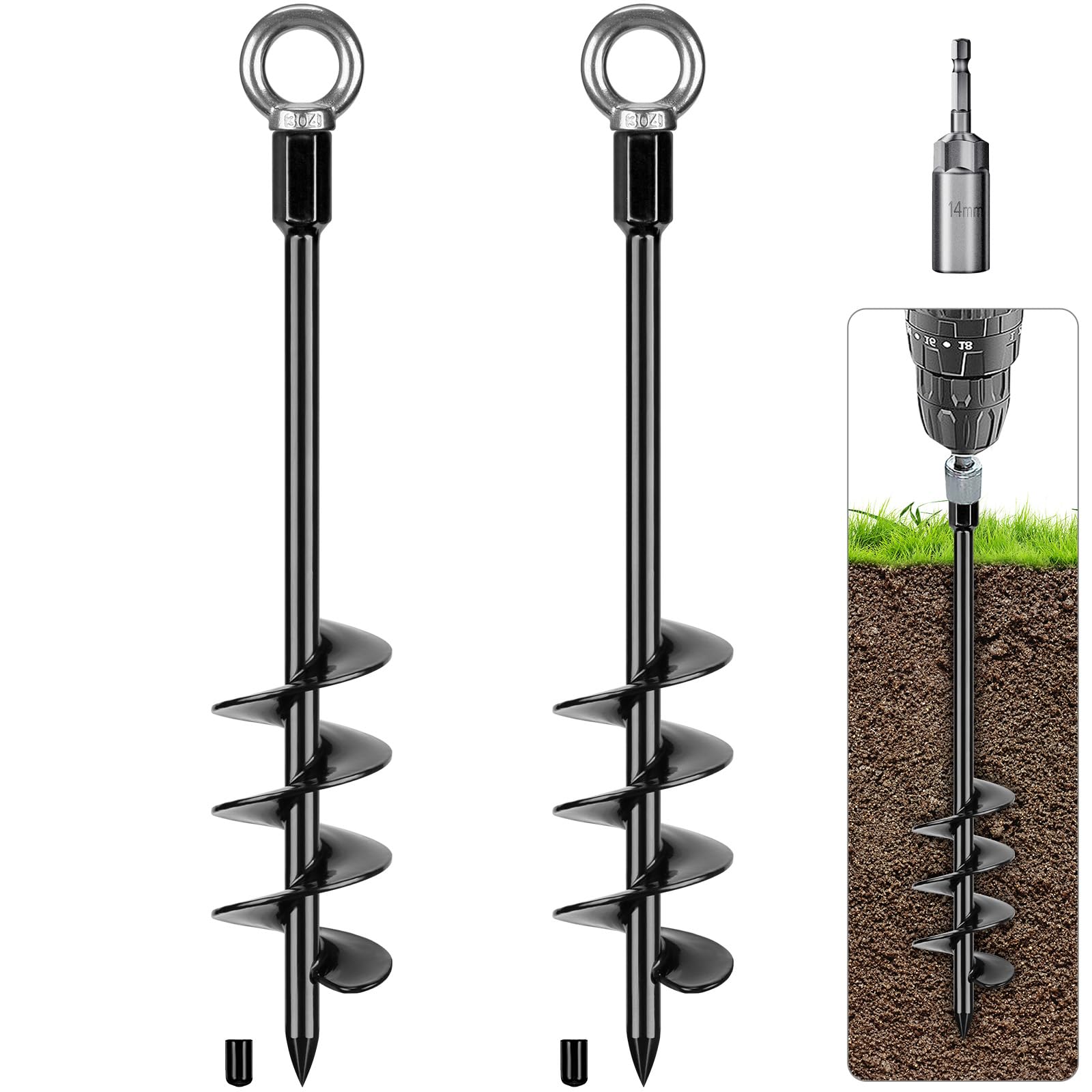 BeneLabel Bodenanker Schaukel 47cm Trampolin Erdnägel 2 Zeltheringe/Schwarz | Camping Vorzelt Klettergerüst Schaukelgestell Slackline Gartenhaus Carport,Einschraubbar,M12,Φ2cm Fester Öse,7cm Spirale