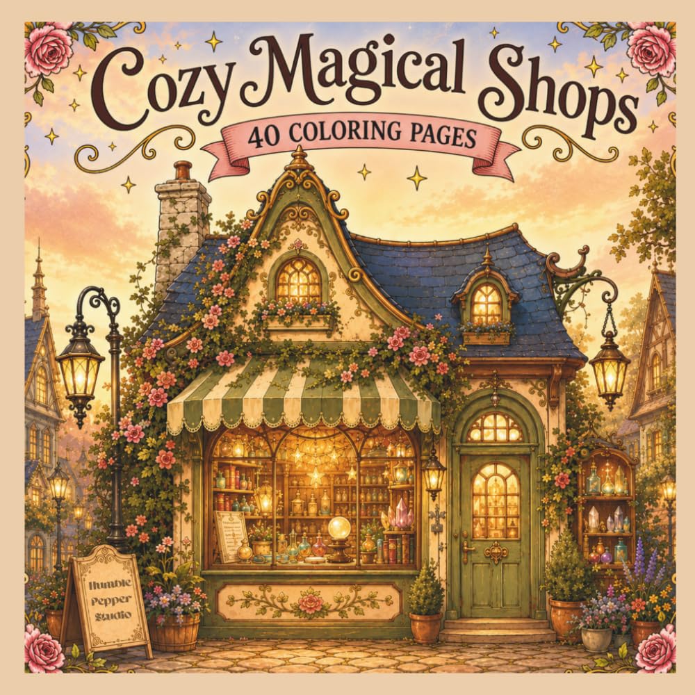 Cozy Magical Shops: A Whimsical Adult Coloring Book with 40 Tiny Enchanted Storefronts- Cottagecore Magic & Cozy Fantasy Scenes for Relaxation