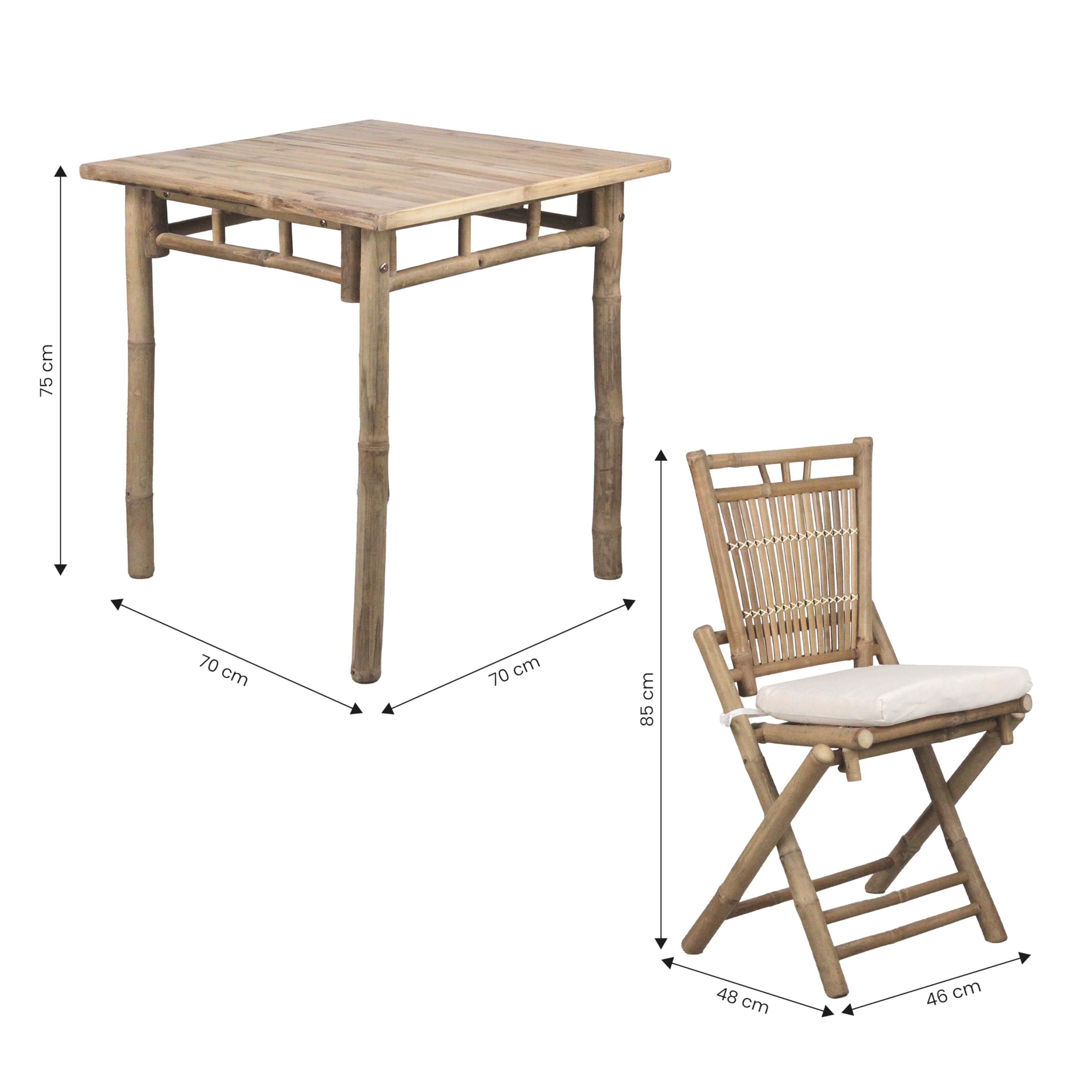 Brigros - Set Bistrot Tavolo Con 2 Sedie Esterno In Legno Di Bamboo Con Cuscini, Set Giardino Esterno Bambù Ideale Come Tavolo E Sedie Da Balcone, Terrazzo O Set Giardino In Legno