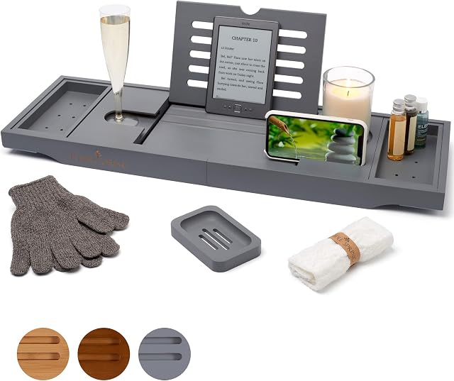Temple Spring Bath Caddy - Extendable Bath Tray for Bathtub with Candle, Wine Glass, Book, iPad & Phone holders - Adjustable Bath Table shelf over tub with bathroom accessories - (Grey)