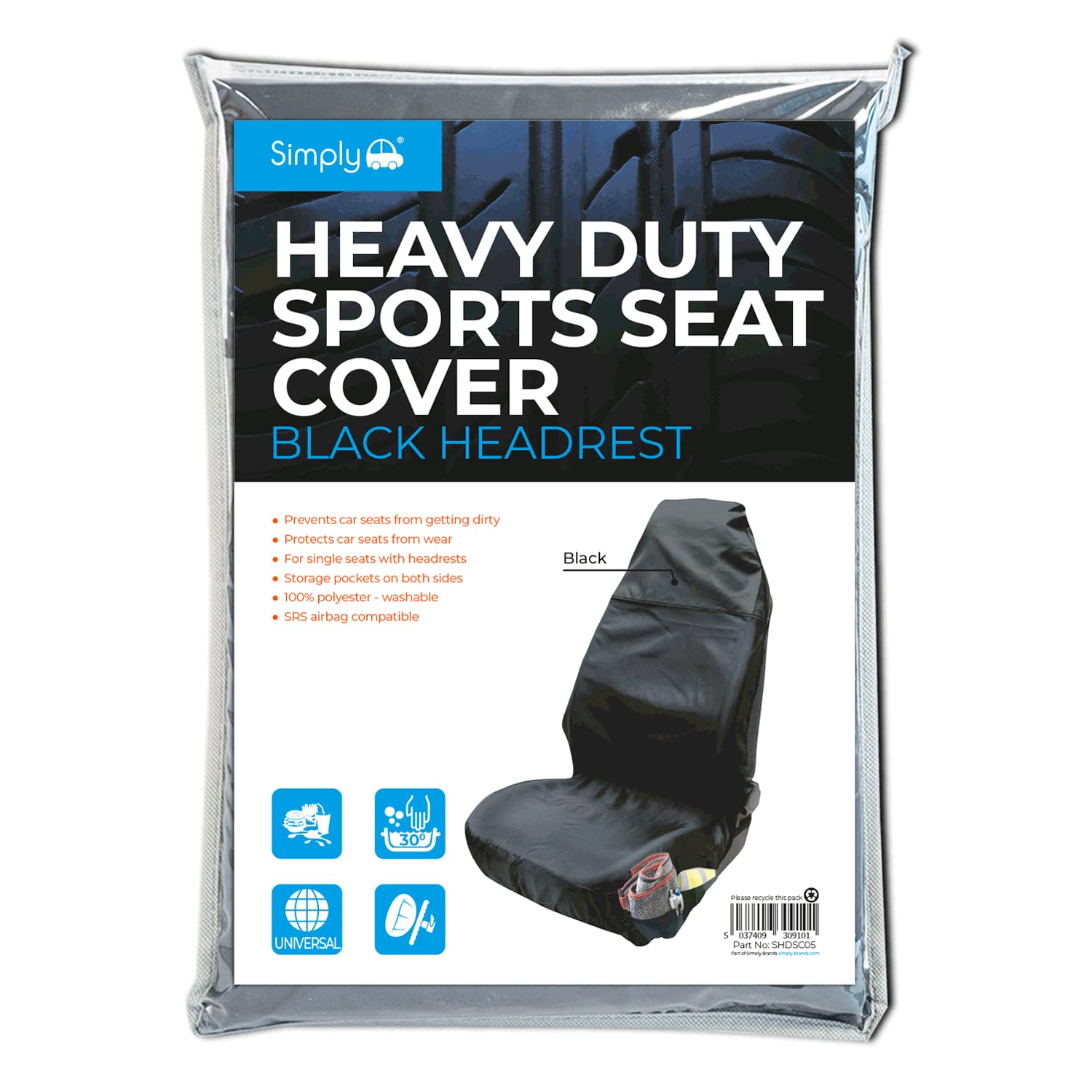 Simply SHDSC05 Washable Heavy Duty Sports Nylon Seat Cover, Universal Easy to Fit with Storage Pockets & SRS Airbag Compatible, Black