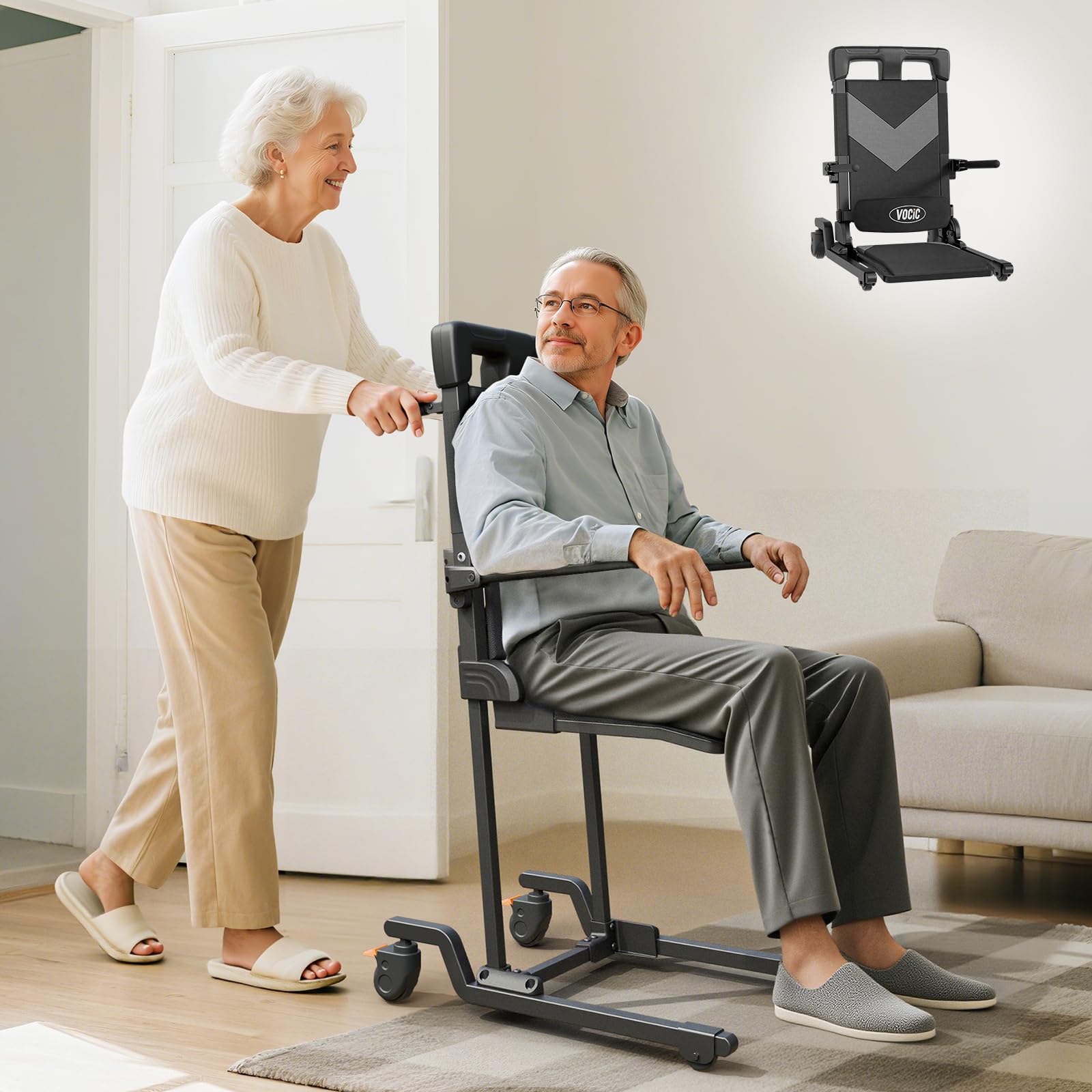 VOCIC AX35 Aide au relevage avec Transfert, roulettes et Freins | Senior domicile, aide après chute, lève-personne transfert, lit canapé fauteuil roulant, 4 roues avec freins compact 160KG