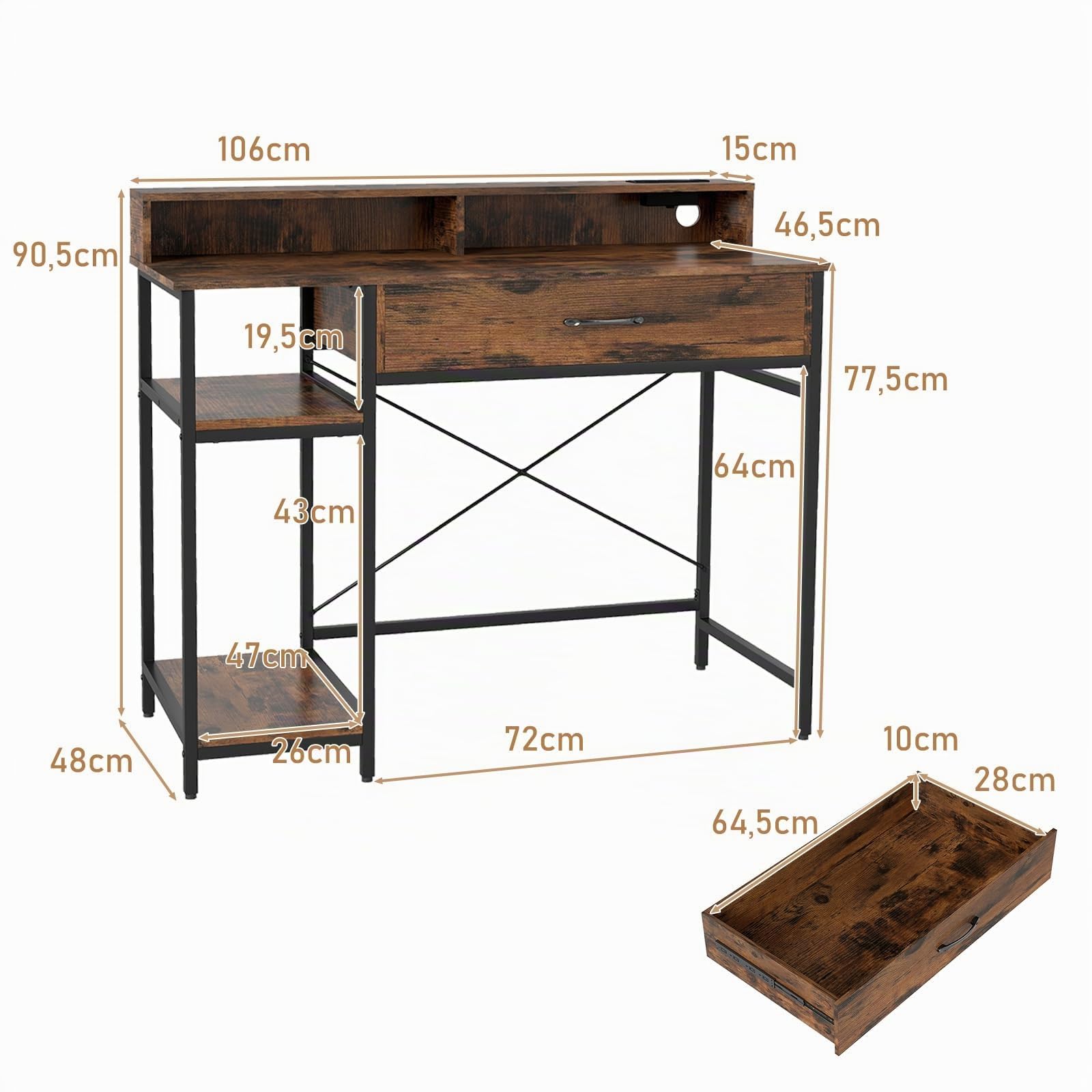 GIANTEX Escritorio de Ordenador con Cajón, 2 Estantes Laterales y 2 Cubos Abiertos, Mesa de Trabajo con Soporte de Monitor y Estación de Carga, 106x48x90,5cm, para Oficina, Dormitorio (Marrón)