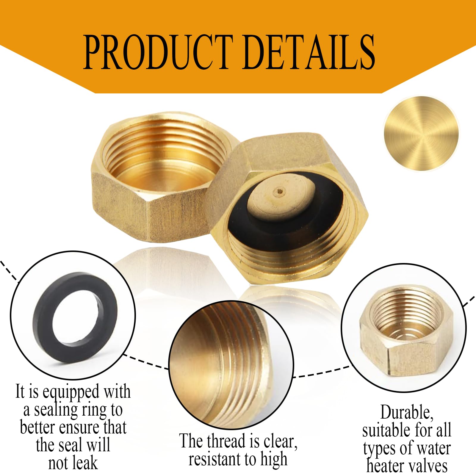 5pcs Brass Blanking Caps 1/8 1/4 3/8 3/4 1/2,Internal Thread Spigot with 6 Sealing Washers,Durable Brass Construction,Radiator Blanking Cap for Washing Machine & Sink Waste Pipe - Image 3