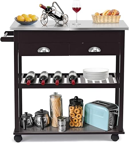 TUOCHUFUN Islas y carritos de almacenamiento de cocina, carrito de isla de cocina, carrito rodante con tapa abatible de acero inoxidable, 2 cajones,