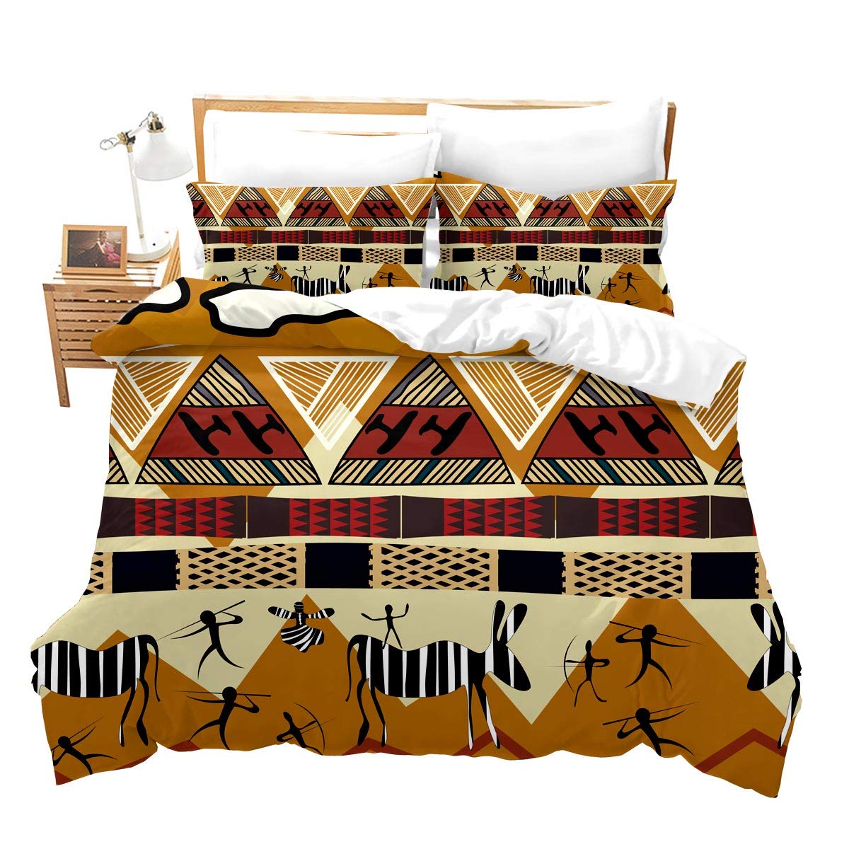 Loussiesd African Duvet Cover Set Double for Kids Teen Tribal Ethnic African Print Bedding Set Exotic Indian Culture Comforter Cover Aboriginal Geometric Pattern Bedspread Cover Zipper&Ties Chic