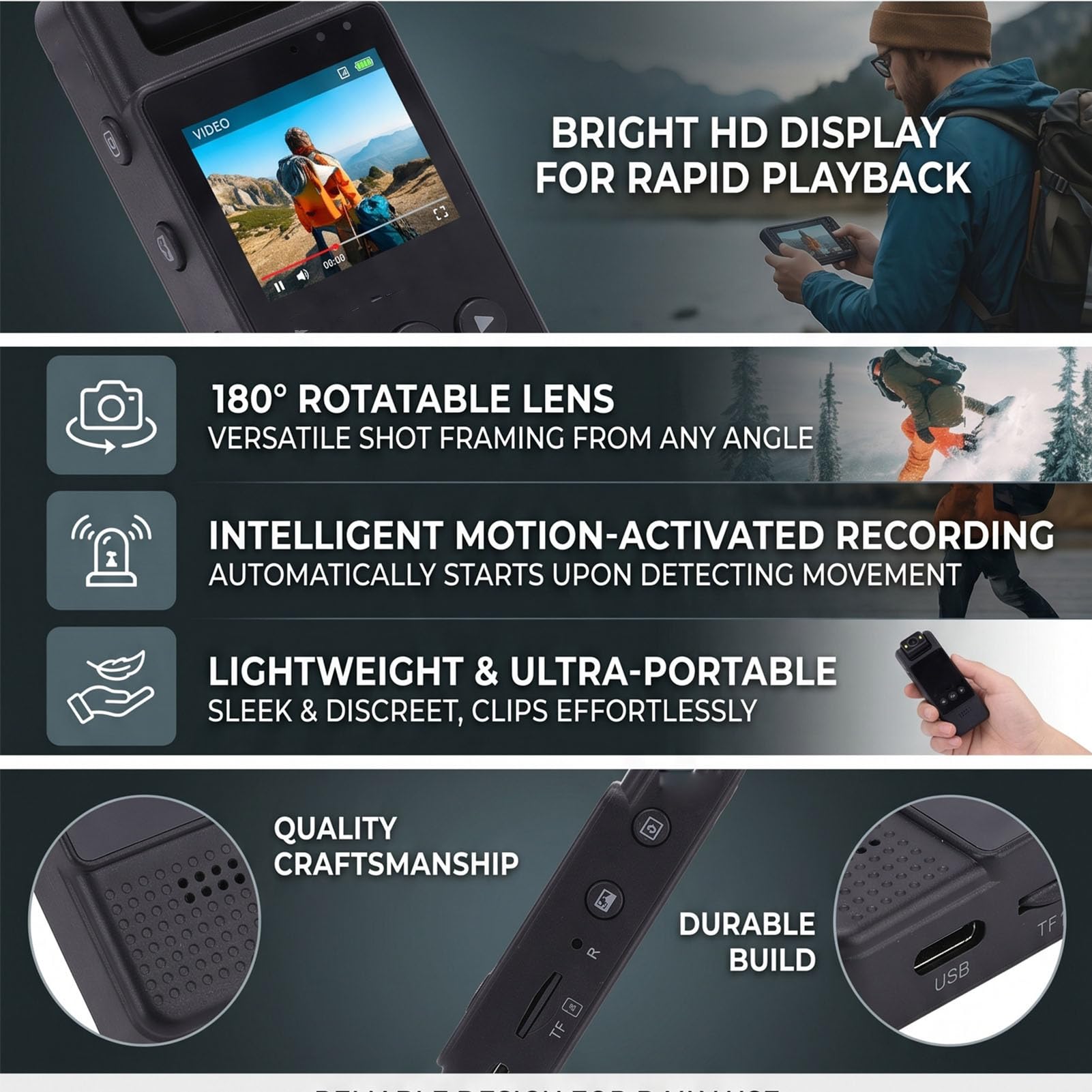 Fotocamera Indossabile 4K, Obiettivo Rotante a 180°, Rilevamento del Movimento, Action Cam Indossabile, Videoregistratore Portatile con WiFi e Display TFT per Vlogging, (128GB)
