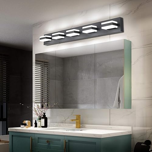 Miniatura 6 de SOLFART Luces de tocador de baño negras regulables LED modernas sobre el espejo, iluminación de baño negra para la pared del baño S8568 (5 luces)