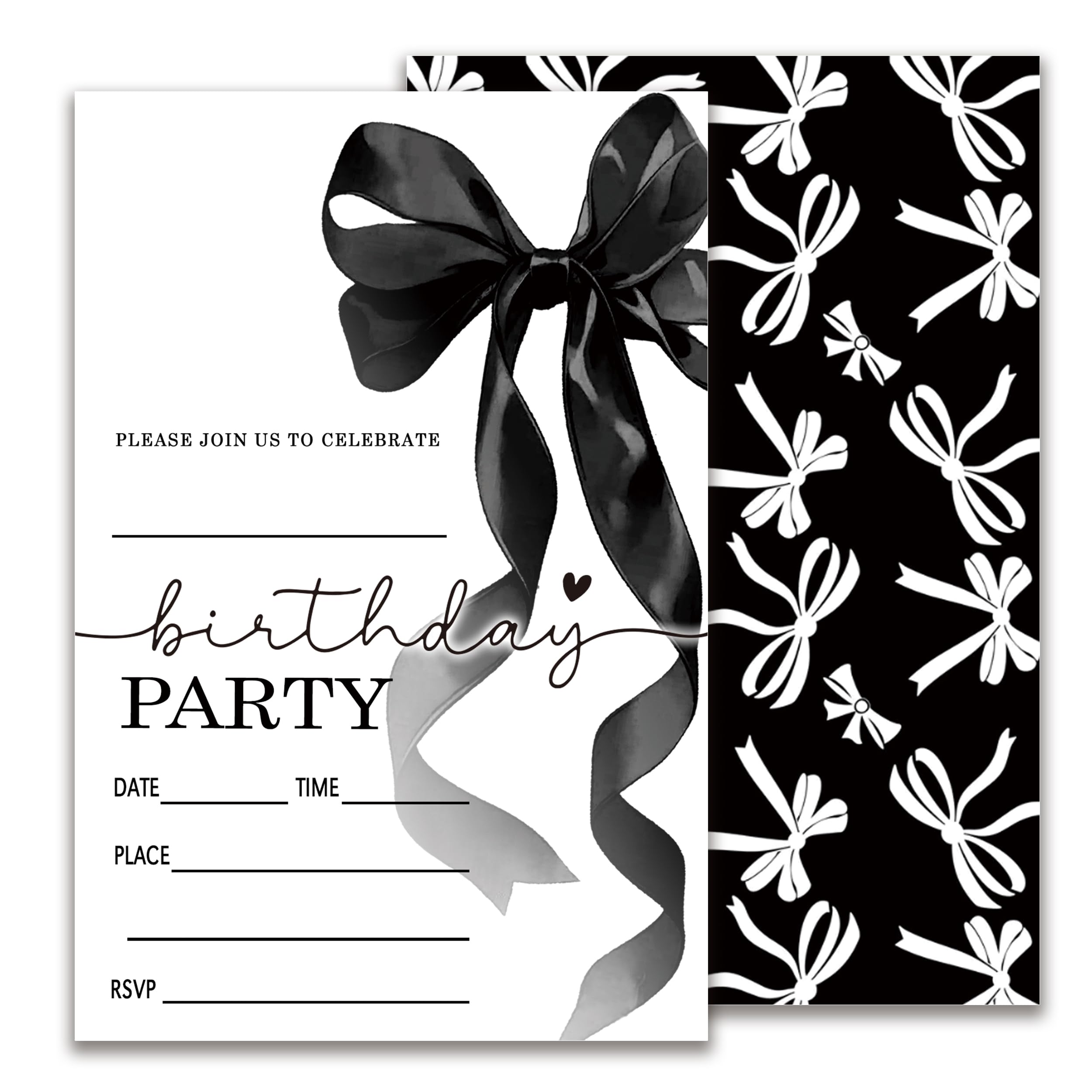 JUPXB Black Bow Birthday Invitation, Girls Party Invite, Minimalist Birthday Invitation Cards, 20 Fill In Style Invitation Cards with Envelopes, Girls