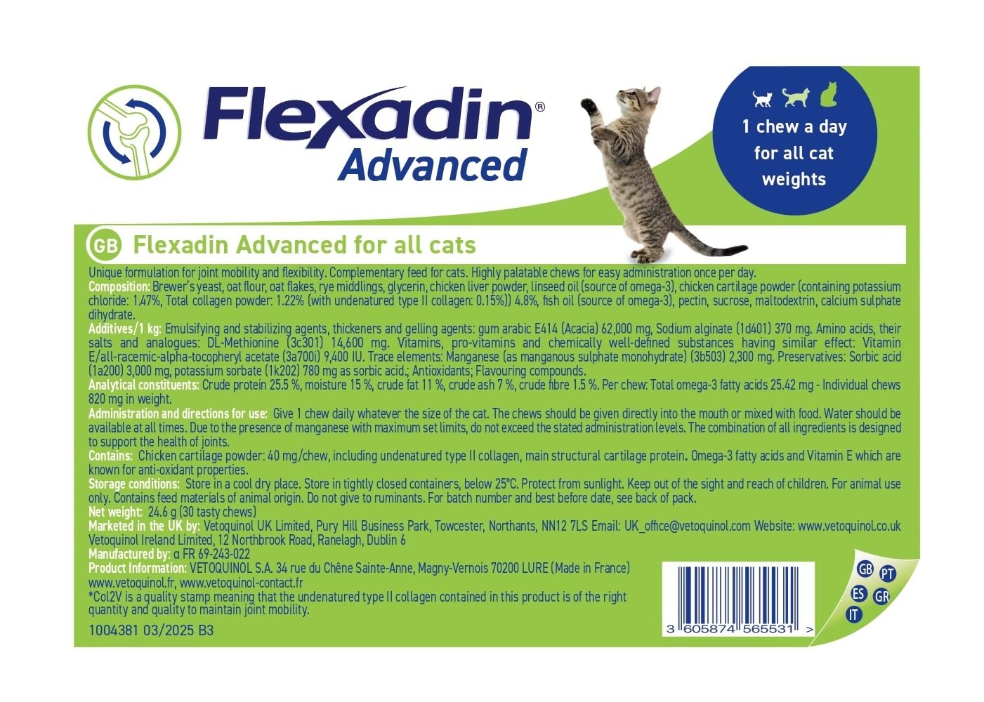 Vetoquinol Flexadin Advanced Gatto | Mangime Complementare per Gatti Adulti e Anziani con rigidità articolare | Preserva la mobilità | 30 Tavolette Appetibili, 1 volta al giorno
