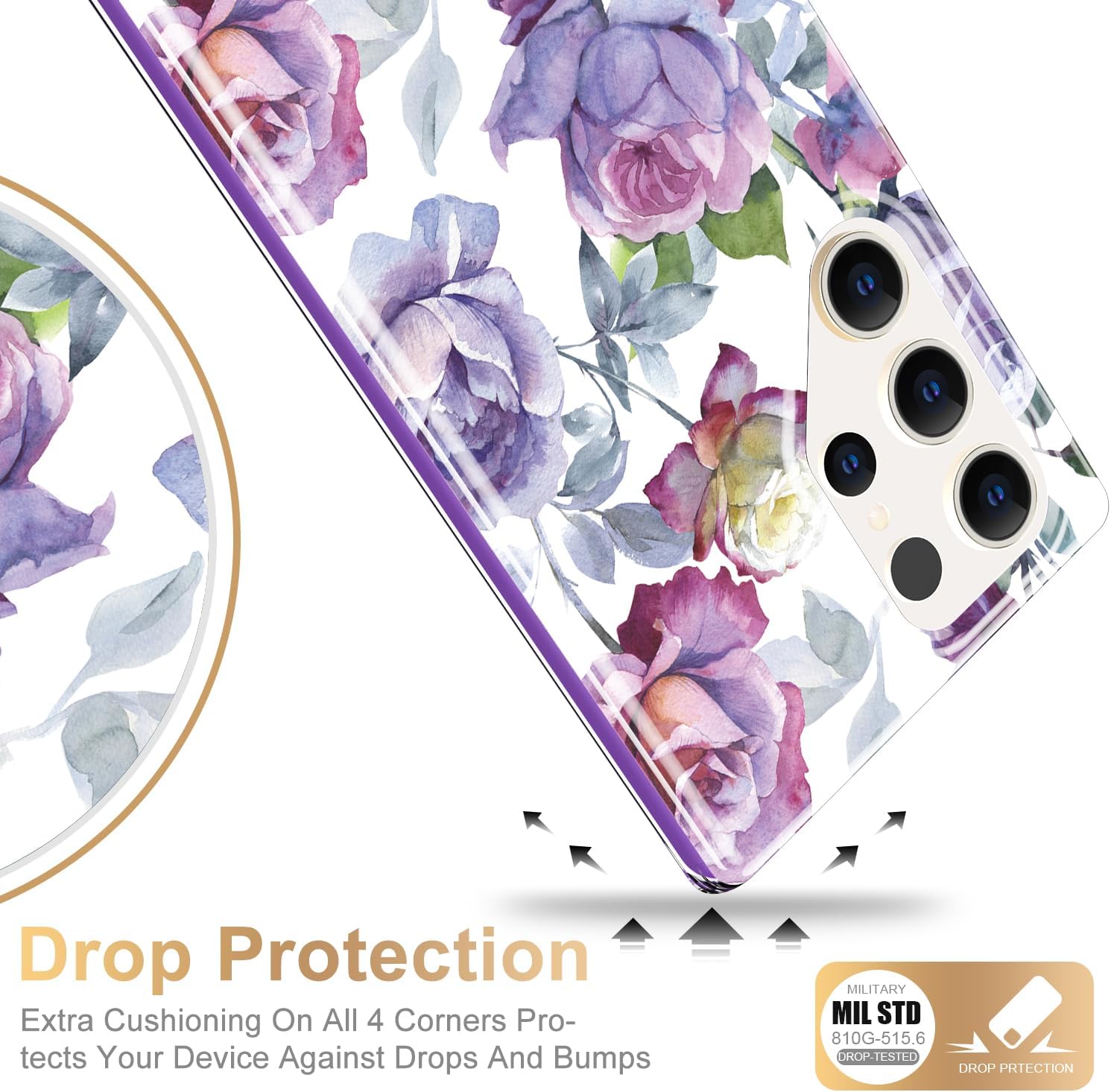 MERRO for Samsung Galaxy S24 Ultra Case,Ultimate Durable Cover with Fashionable Designs for Women and Girls,Stylish Protective Phone Case 6.2" Purple Pink Flowers