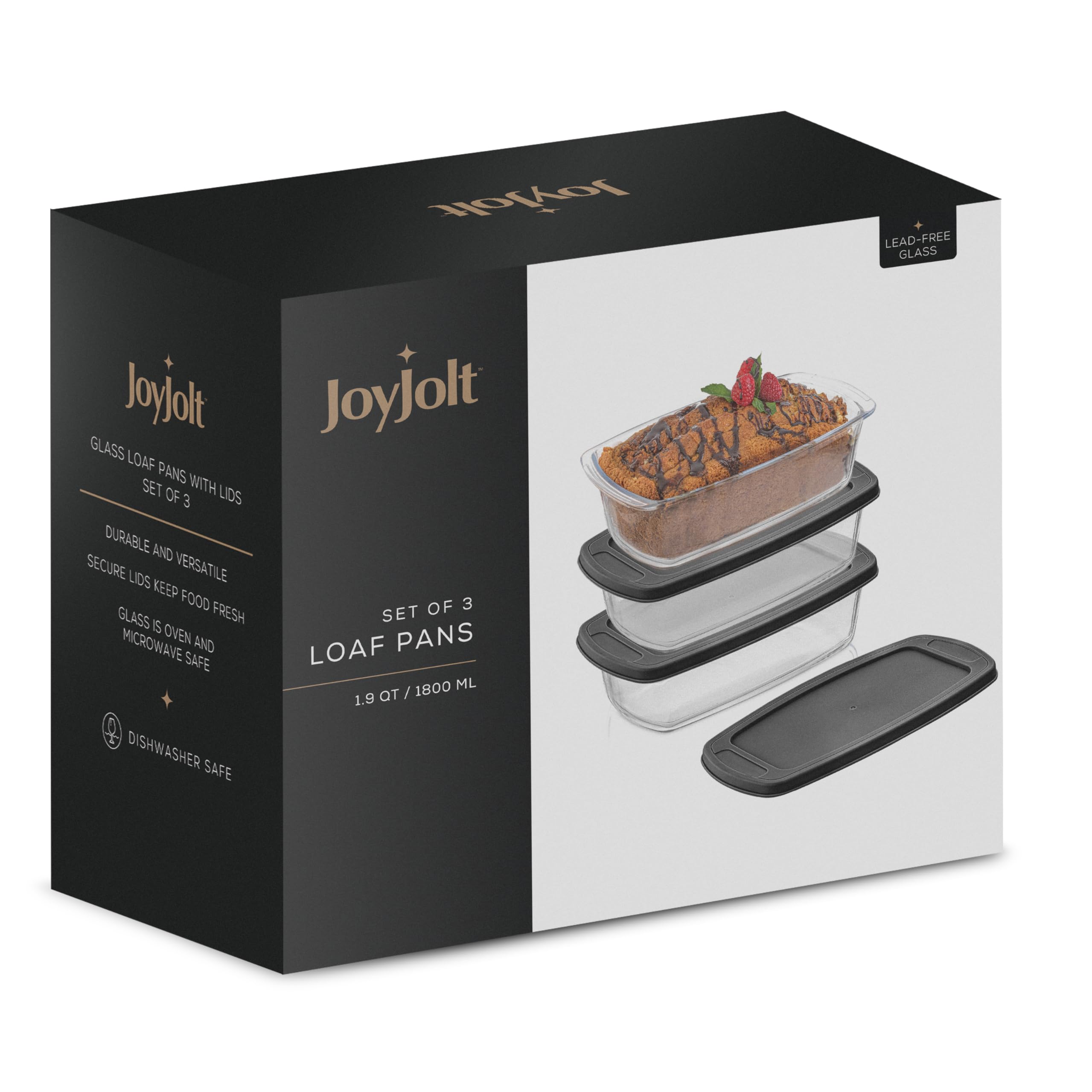 JoyJolt Lot de 3 moules à pain rectangulaires en verre avec couvercle pour la cuisson du pain, du pain, des lasagnes, des moules à pain de viande, des bananes ou des moules à pain au citron